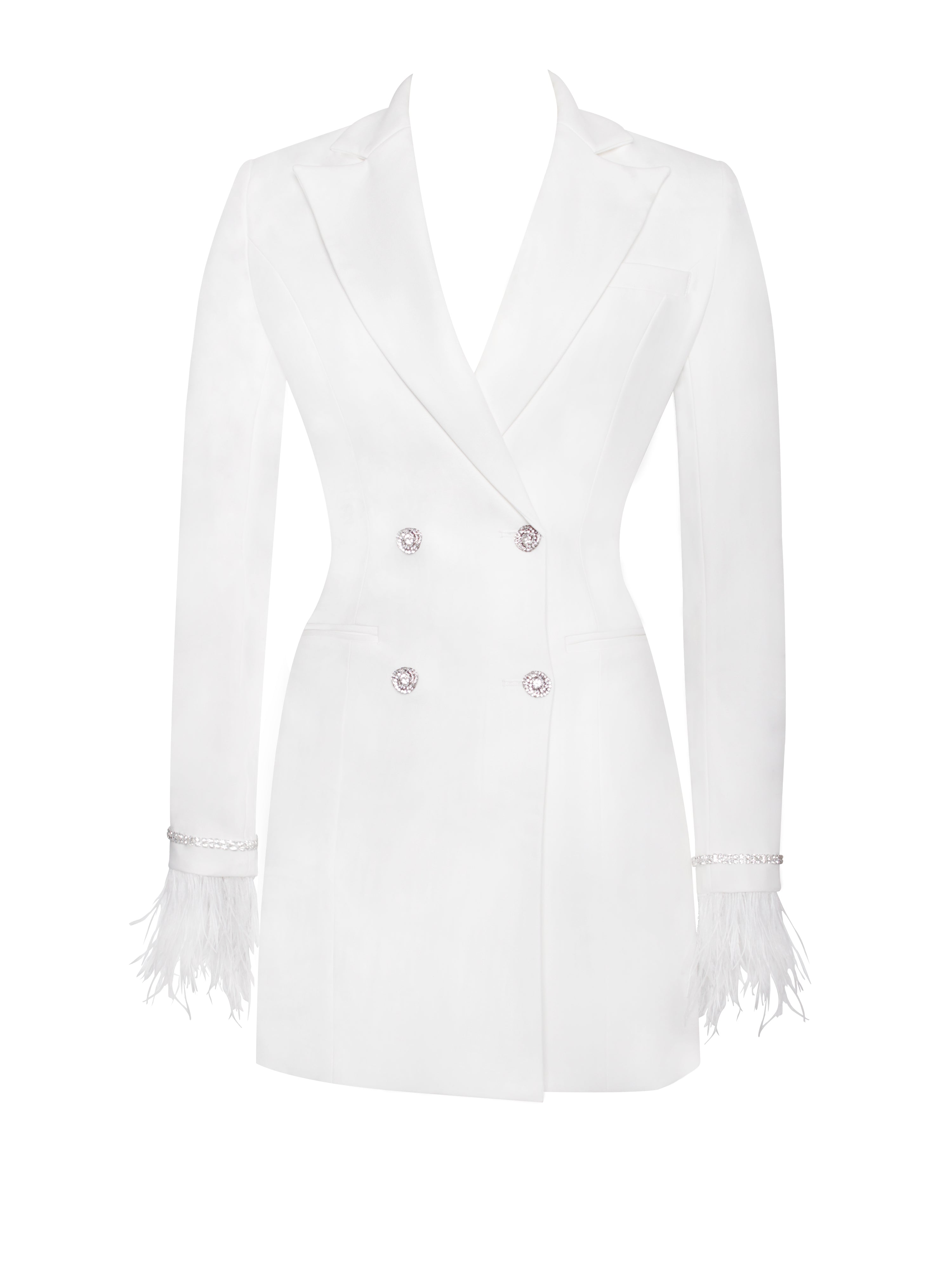 Quilla White Feather Crystal Sleeve Backless Blazer Dress