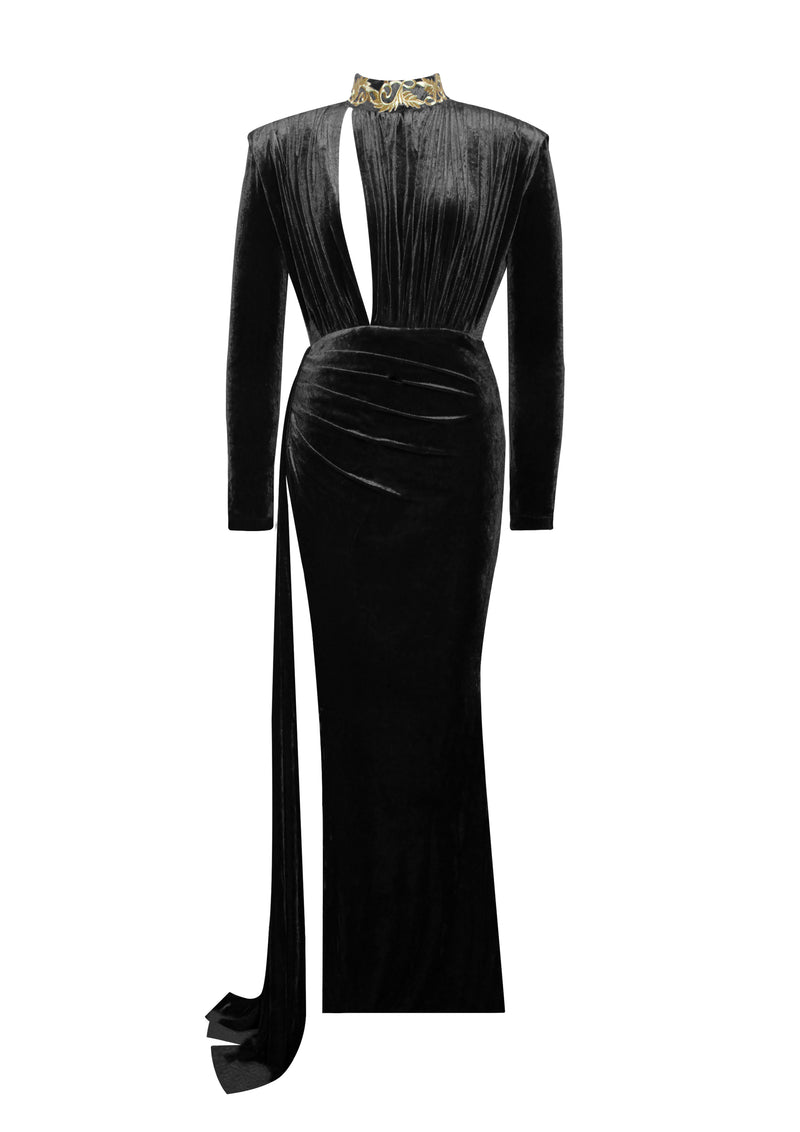 Zenaida Black Cutout High Slit Velvet Gown