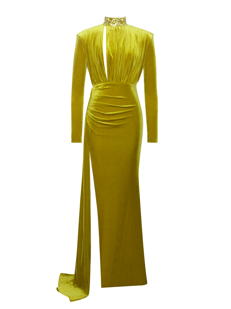 Zenaida Gold Cutout High Slit Velvet Gown