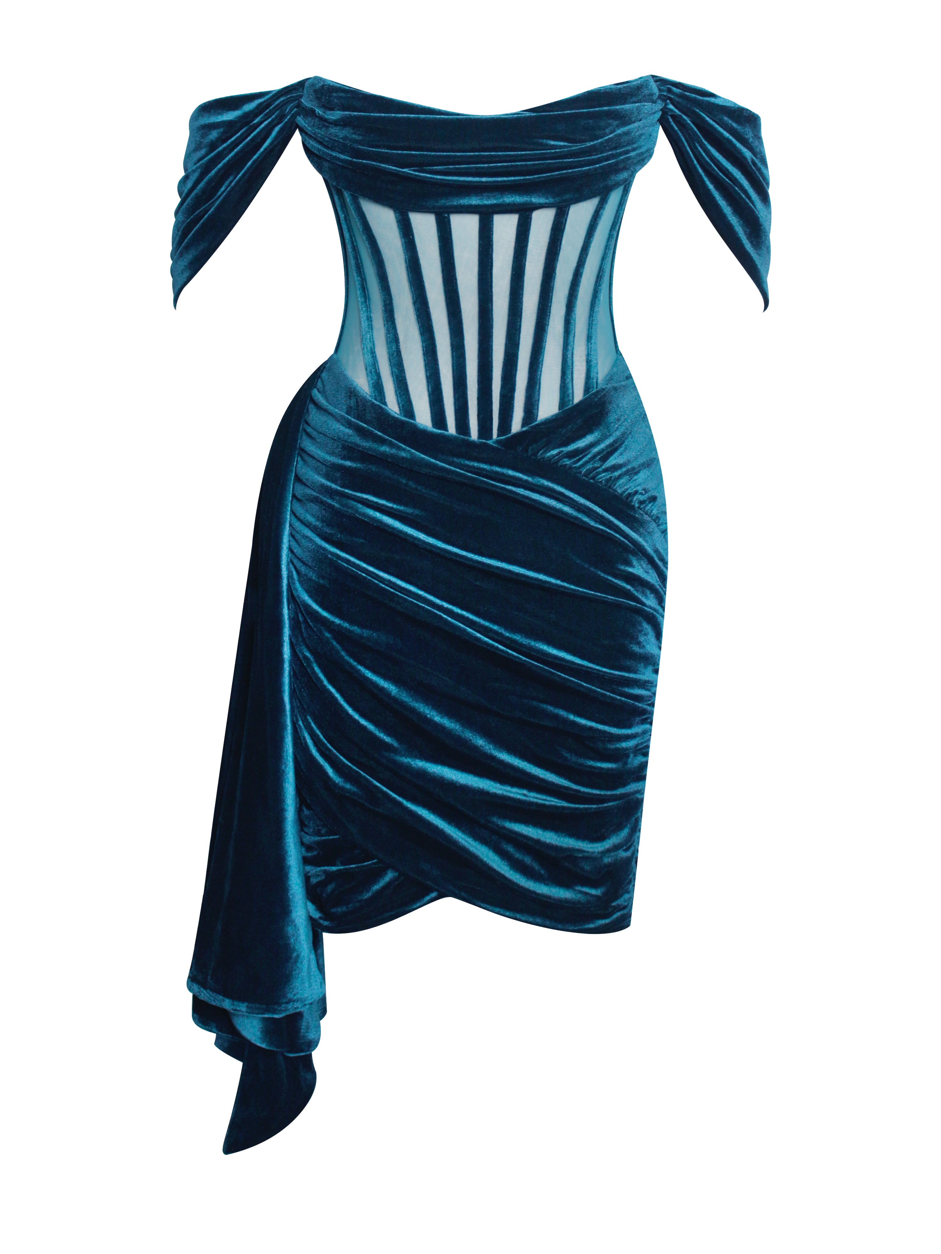 Irisa Teal Blue Draping Off Shoulder Corset Dress