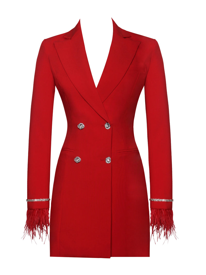 Quilla Red Feather Crystal Sleeve Backless Blazer Dress