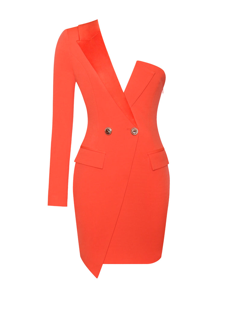 Keep One Up One Sleeved Orange Crepe Tuxedo Blazer Dress - Miss Circle
