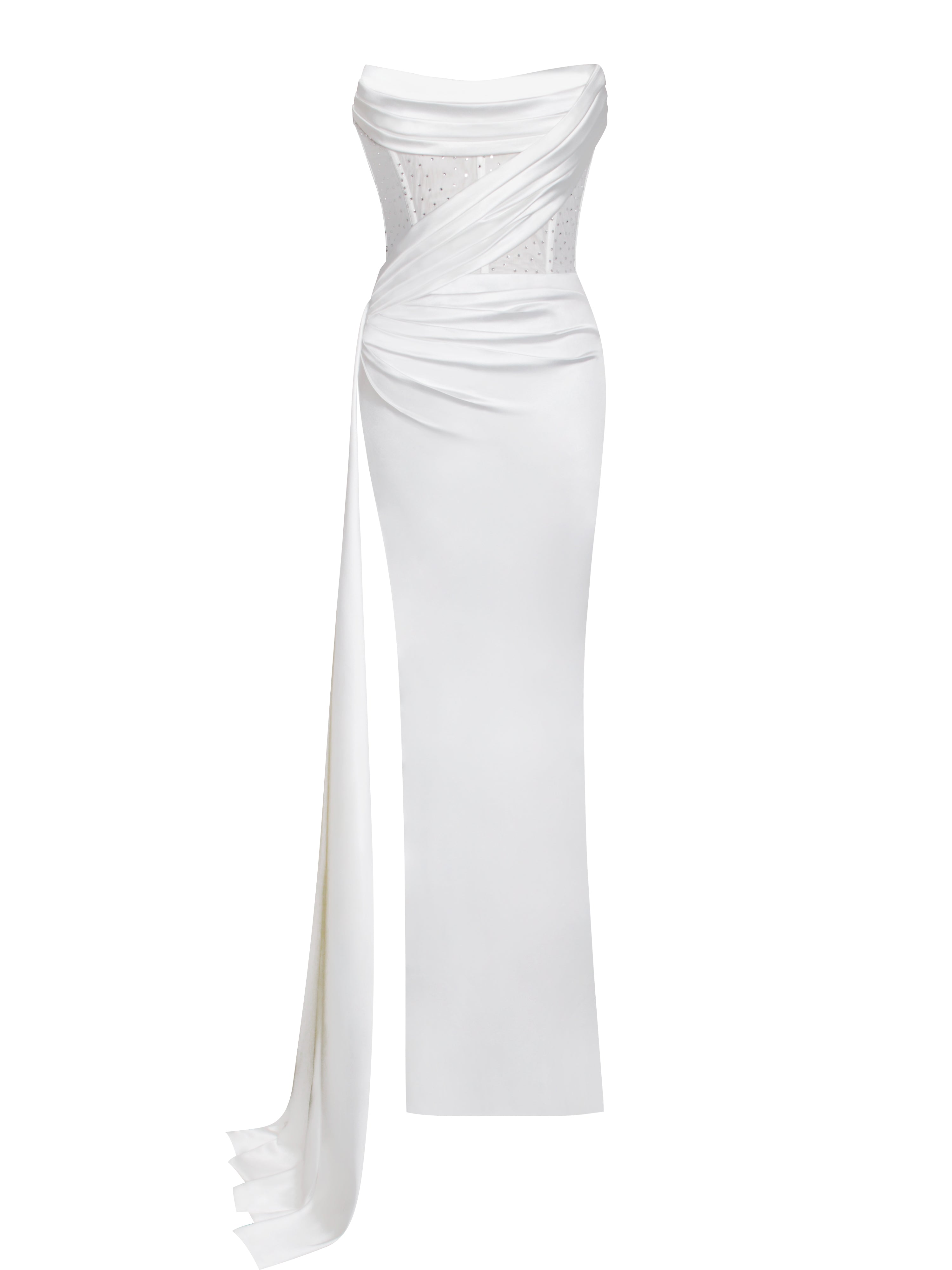 Holly White Crystallized Corset High Slit Satin Gown