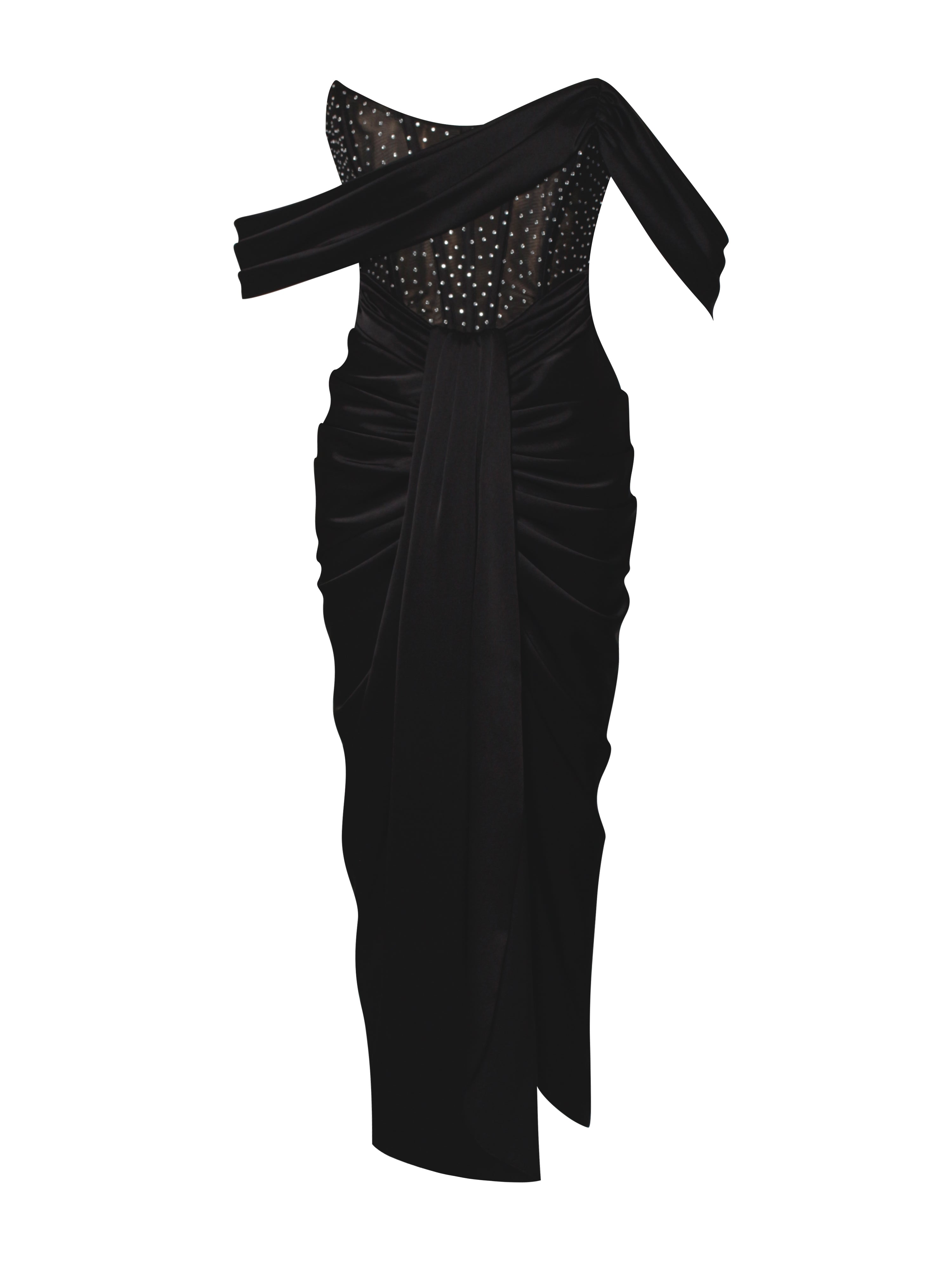 Stella Black Off Shoulder Crystal Corset Satin Gown