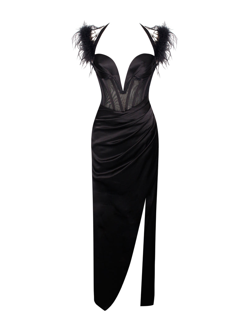 Odell Black Satin Corset Gown with Feather Strap