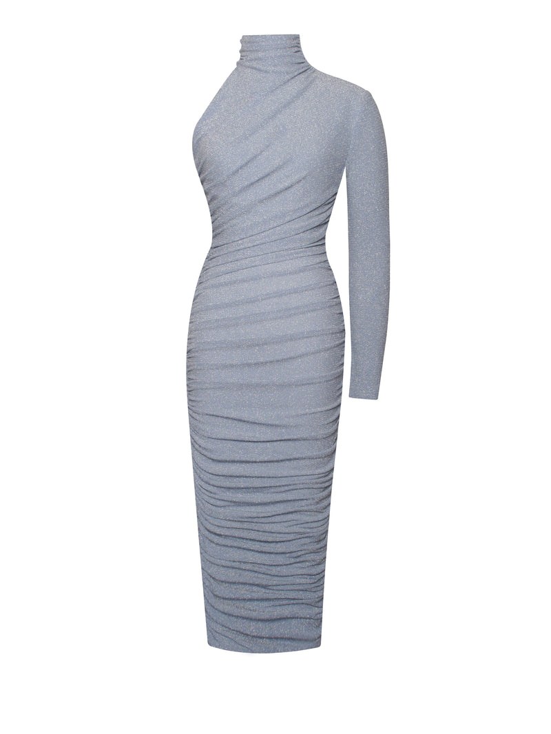 Peyton Light Blue One Sleeve Ruched Pencil Dress