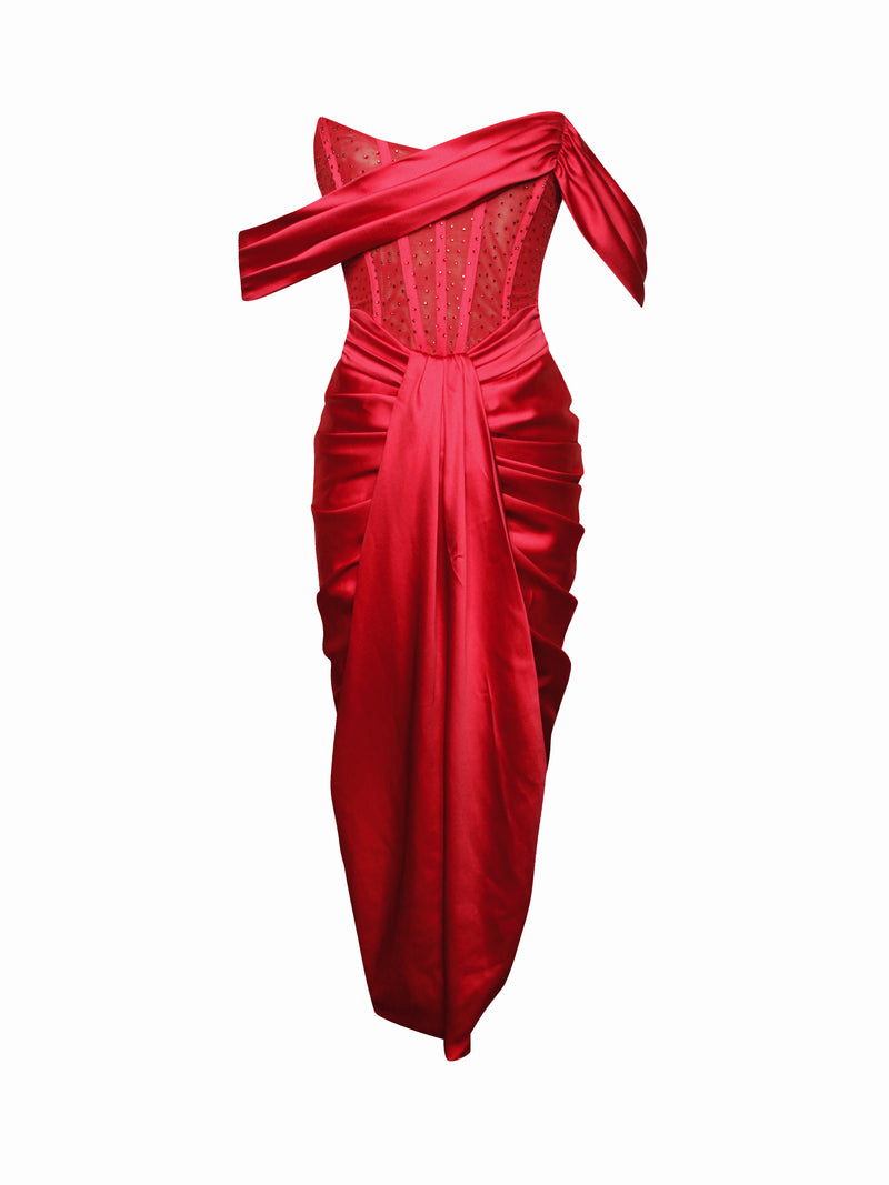 Stella Burgundy Off Shoulder Crystal Corset Satin Gown – Miss Circle