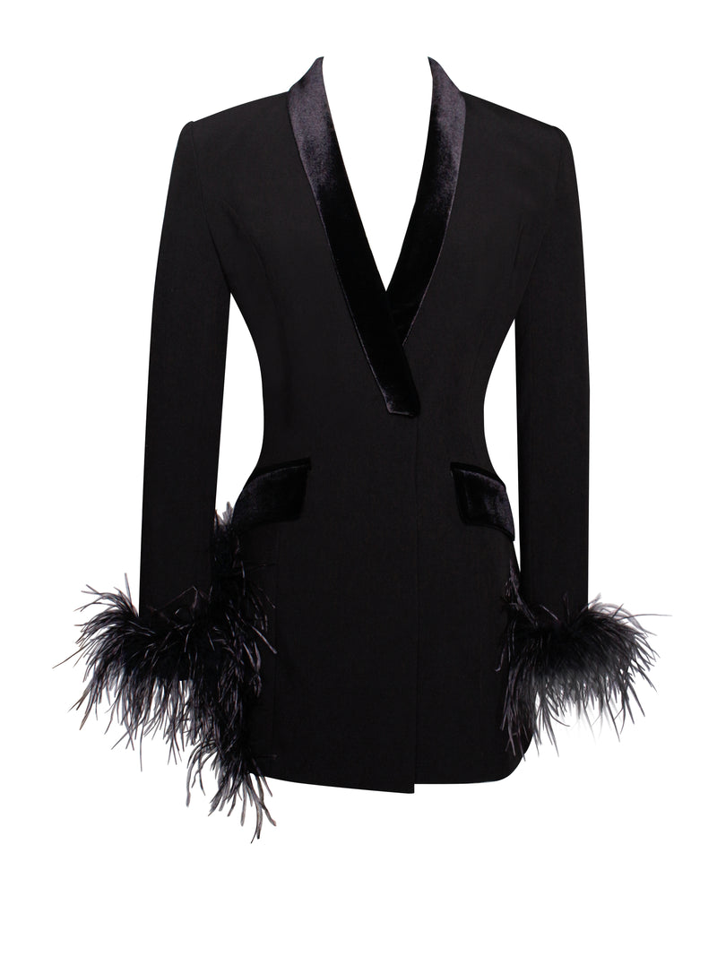 Madeline Black Feather Trim Blazer Dress