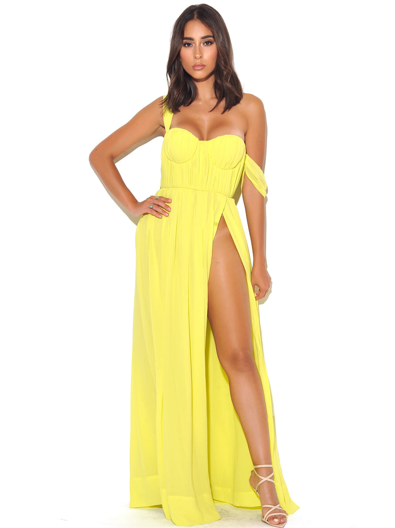 Paradise High Slit Yellow Chiffon Maxi Dress - Miss Circle