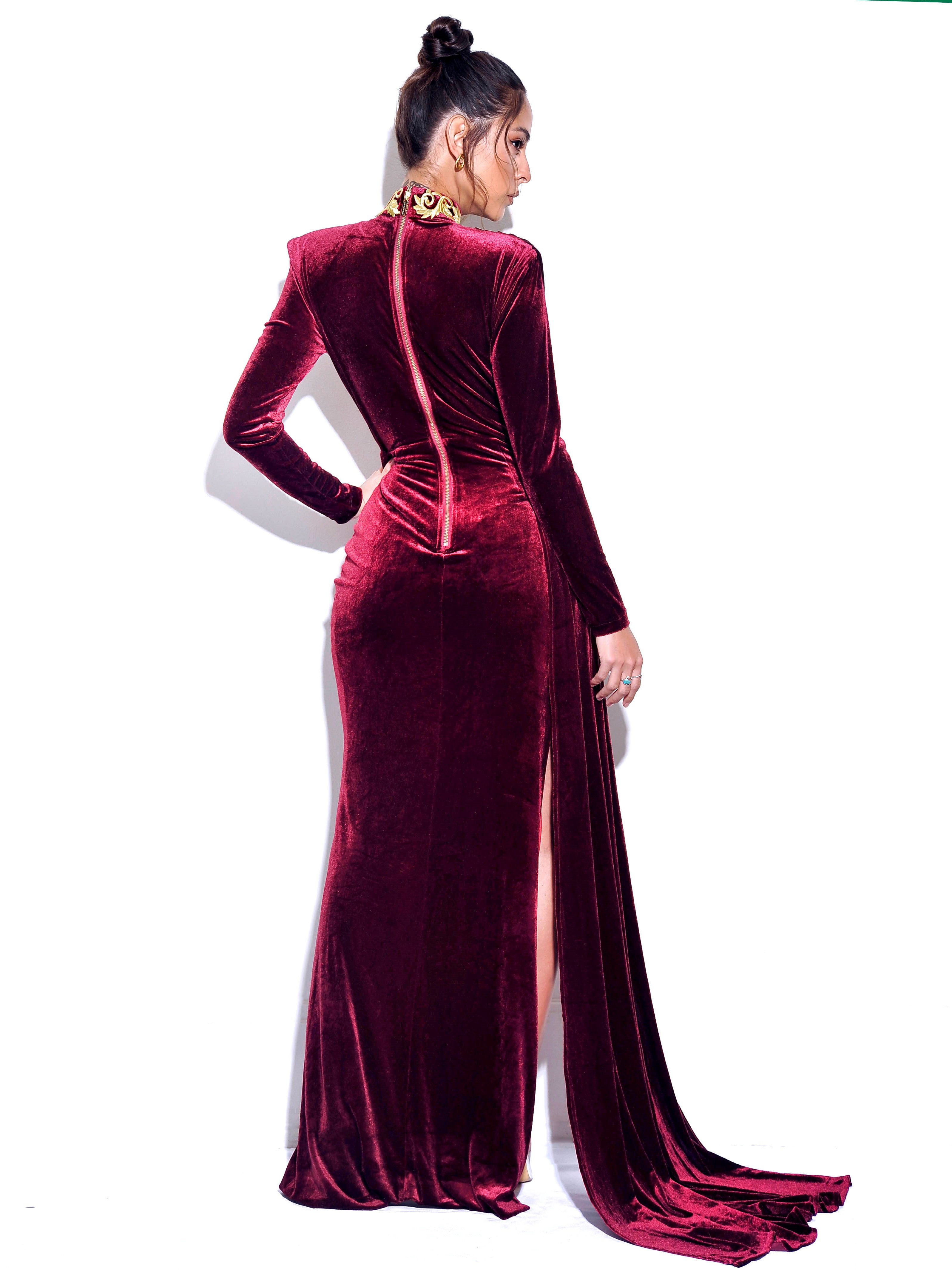 Zenaida Burgundy Cutout High Slit Velvet Gown