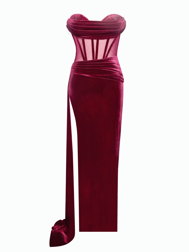 Octavia Burgundy Draping Crystal Corset High Slit Velvet Gown