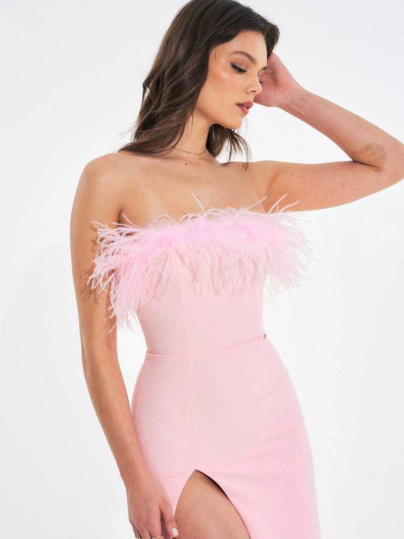 Miss Circle Women's Rachel Maxi High Slit Dress, in Pink, Woven Stretch Crepe/Feathers | Size: XS/US 0-2