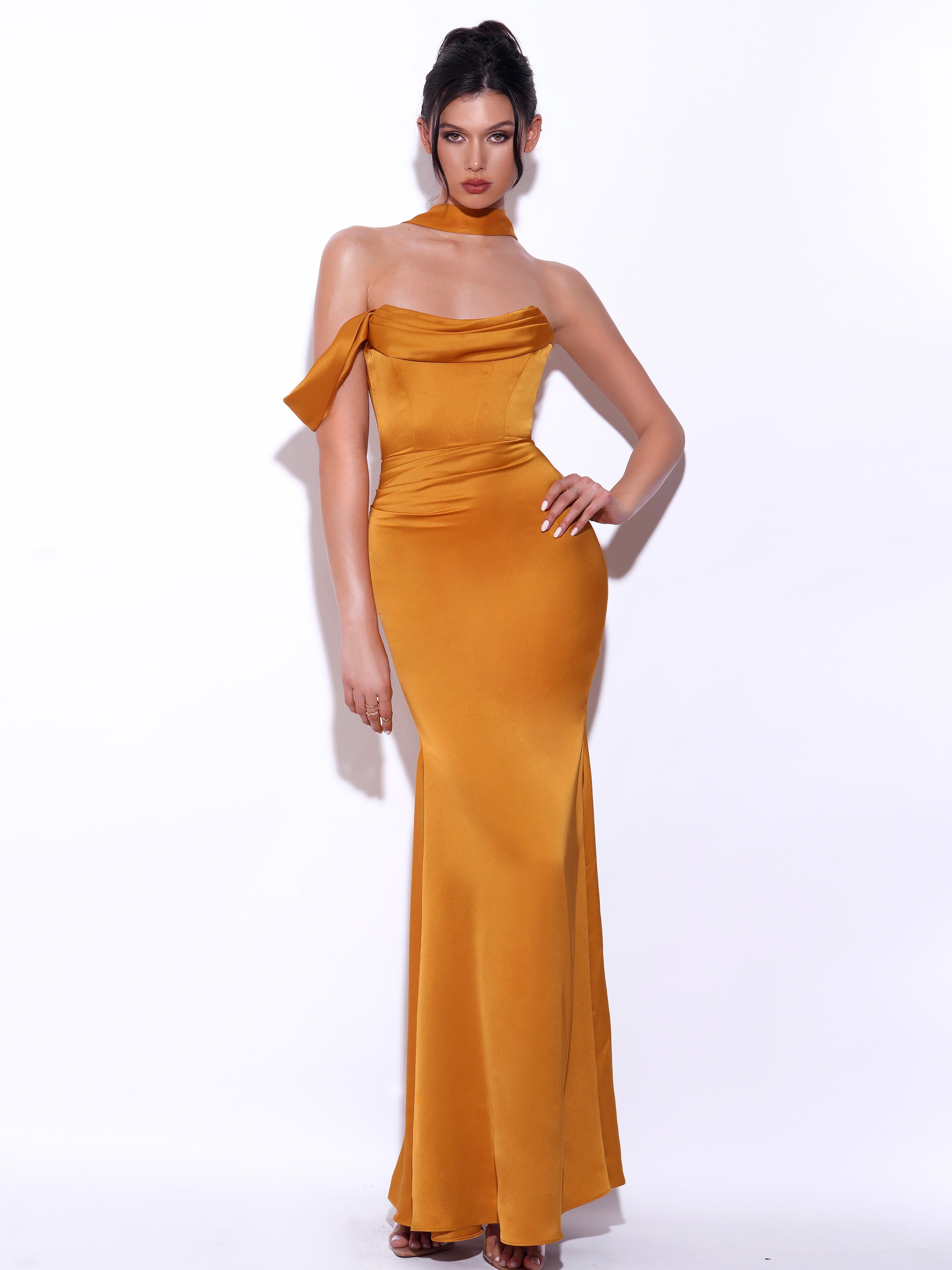 Ivona Gold Halter Neck Double Duchess Satin Gown