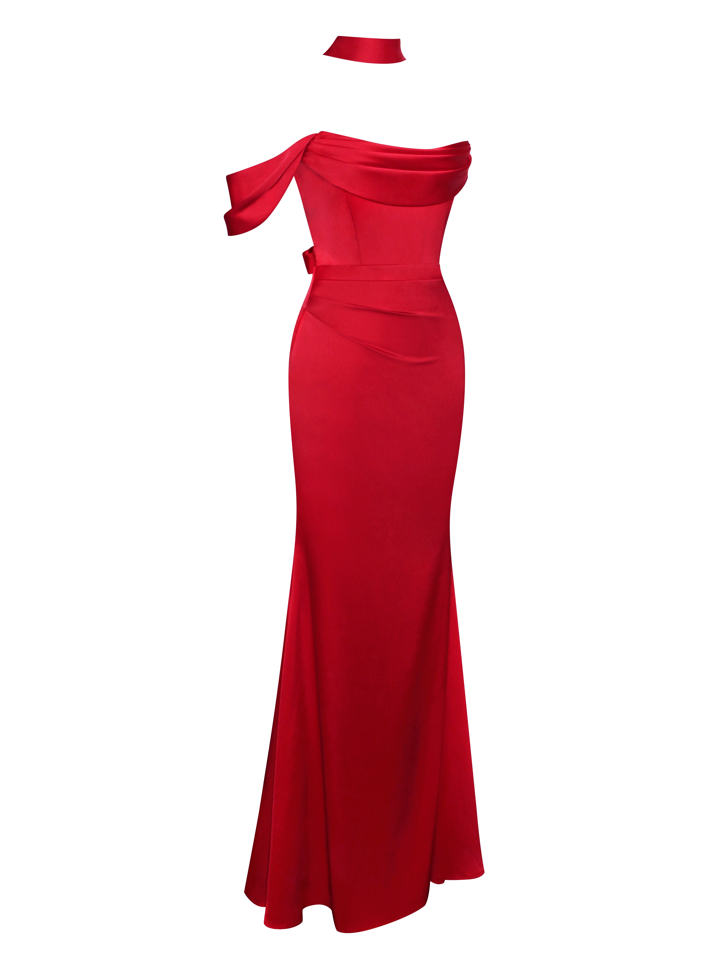 Ivona Red Halter Neck Double Duchess Satin Gown