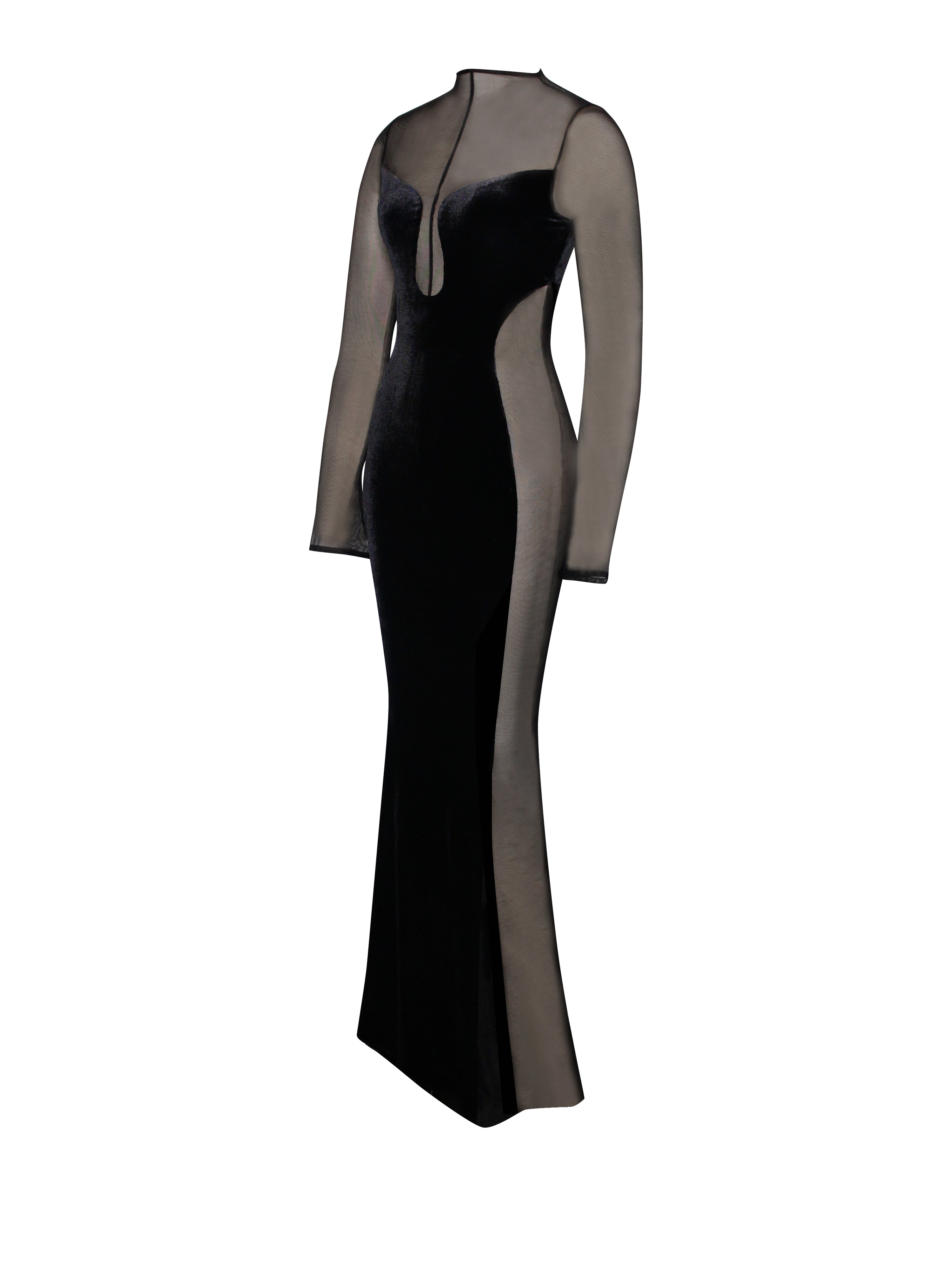 Paislee Black Velvet Mesh Long Sleeve Gown