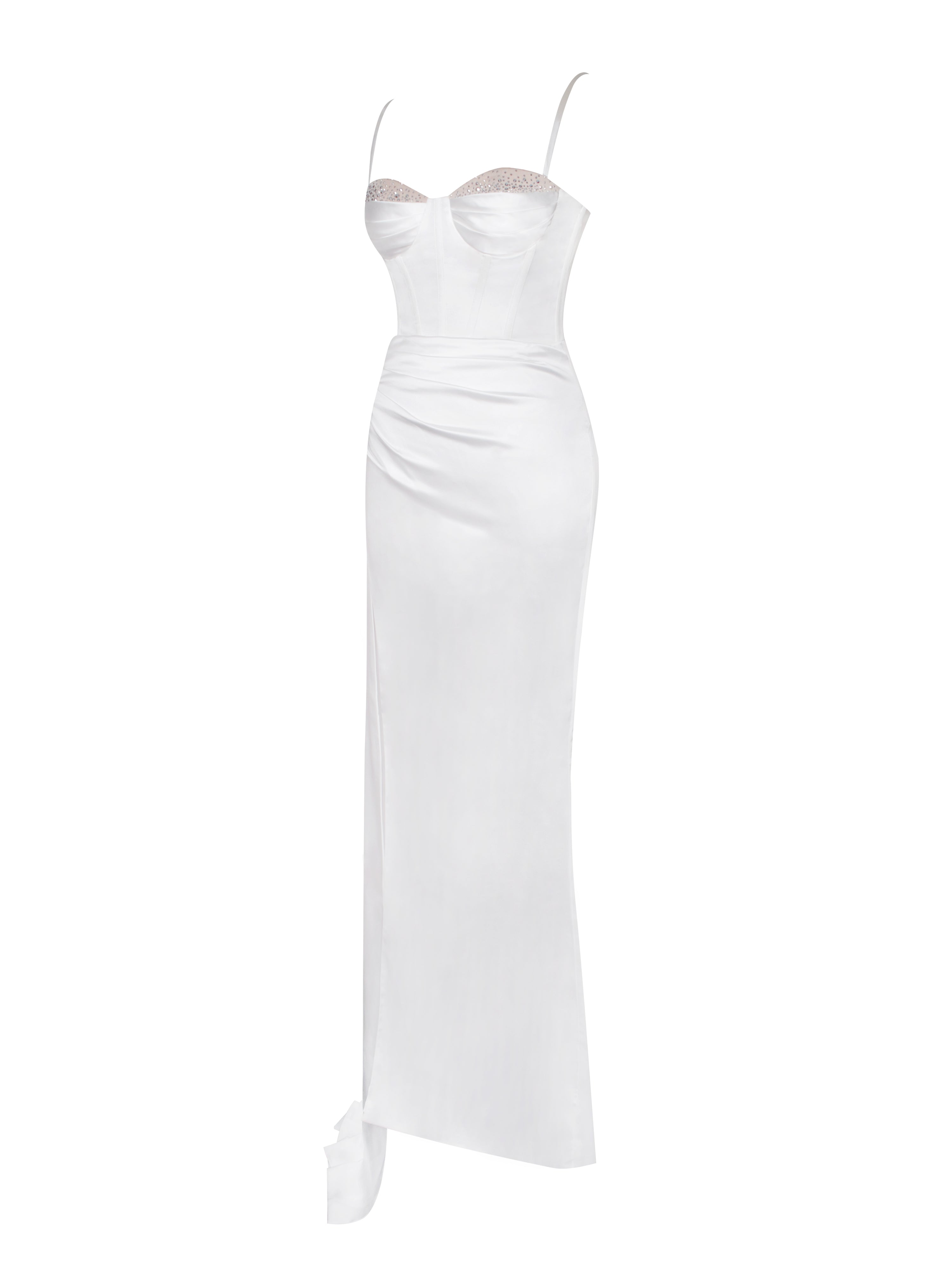 Vanity White Satin High Slit Draping Corset Gown With Crystals