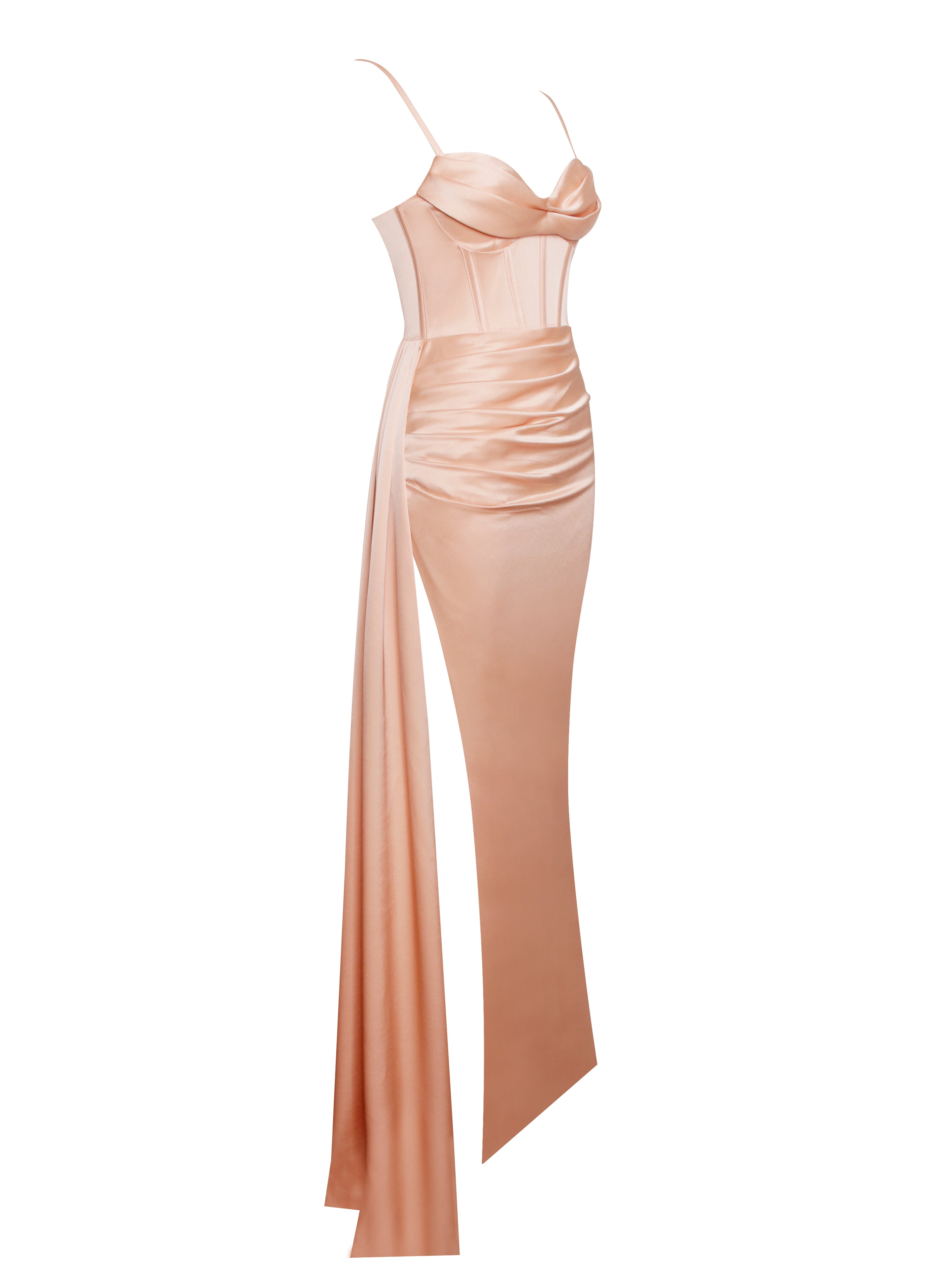 Elayna Blush Strappy Satin Corset High Slit Gown