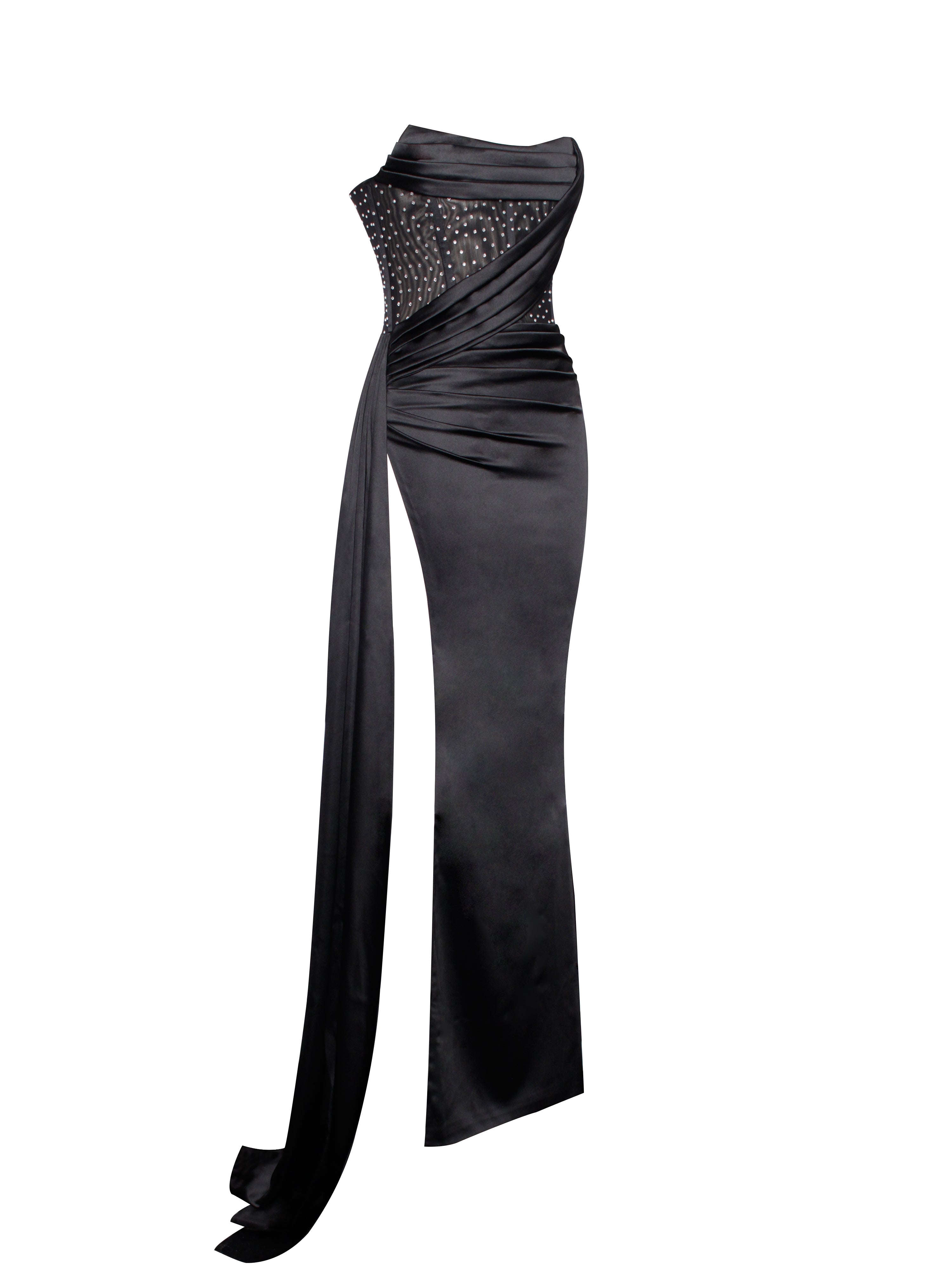 Holly Black Crystallized Corset High Slit Satin Gown