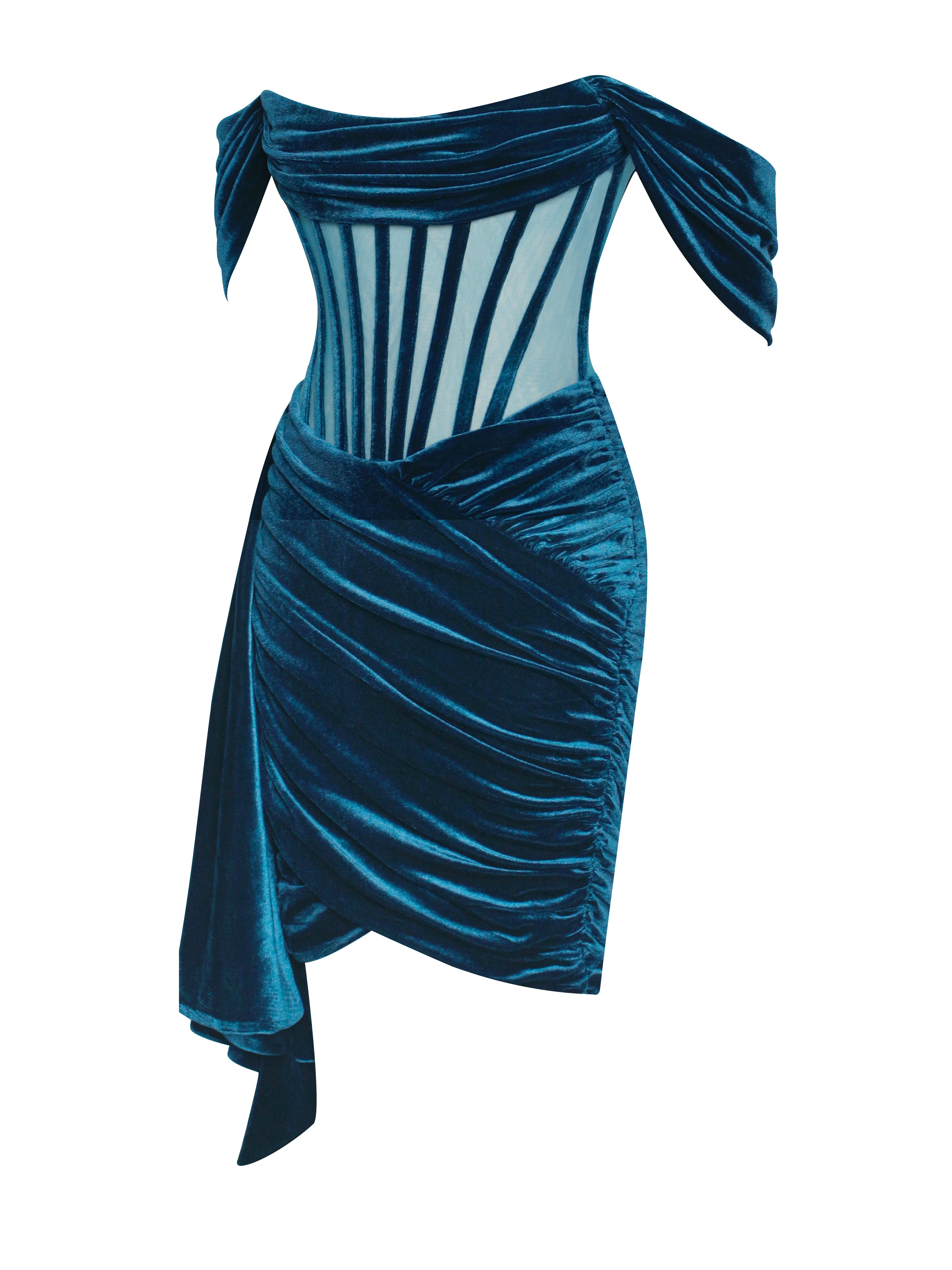 Irisa Teal Blue Draping Off Shoulder Corset Dress