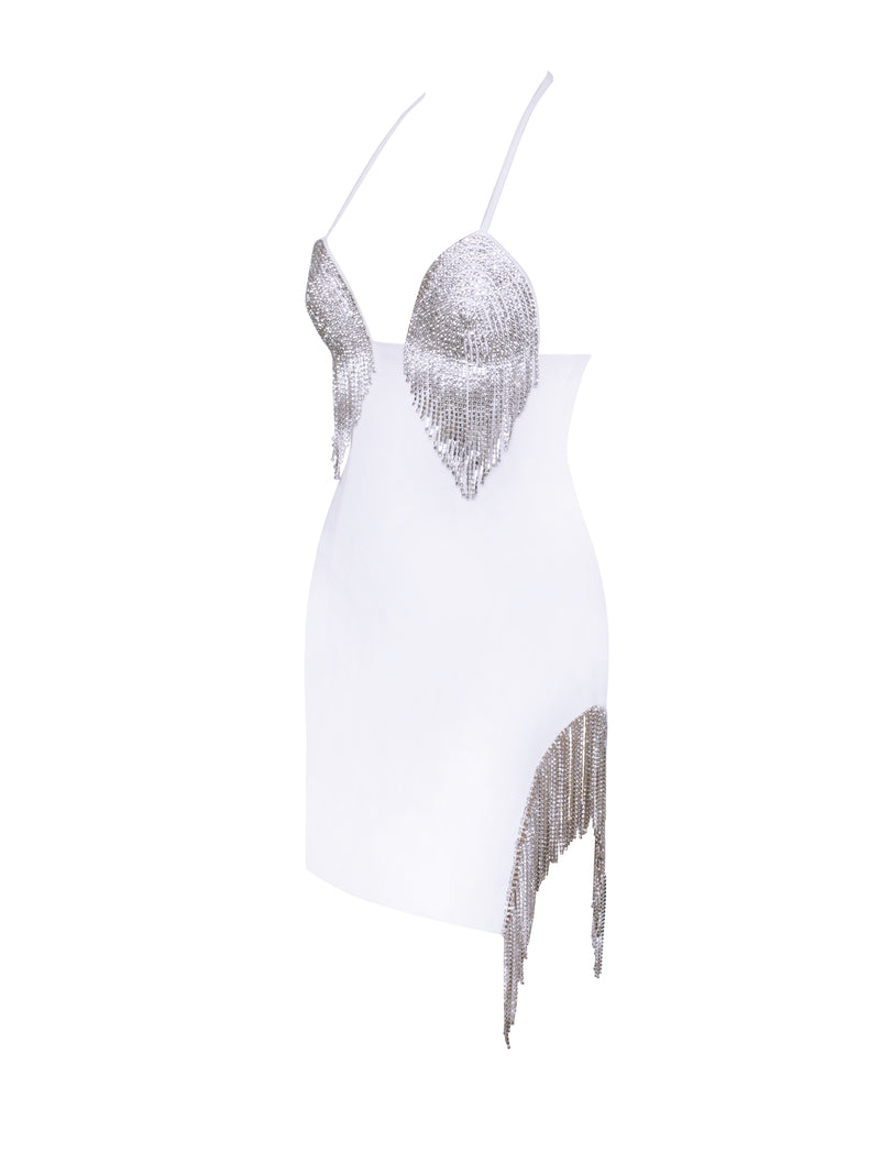 Quenna White Halter Neck Dress With Crystal Fringe