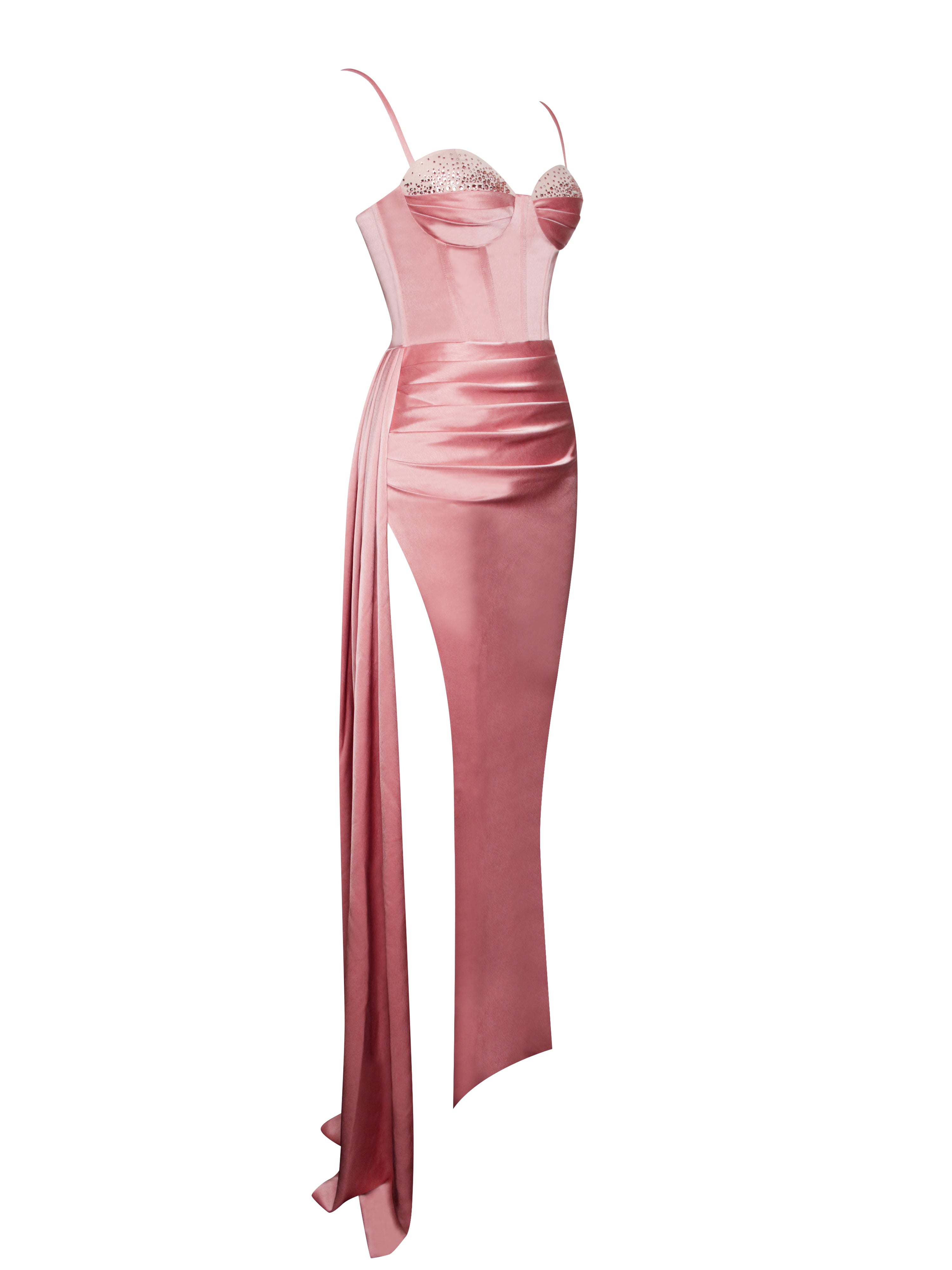 blush pink satin dress Vanity Blush Pink Satin High Slit Draping Corset Gown With Crystals XS / US 2