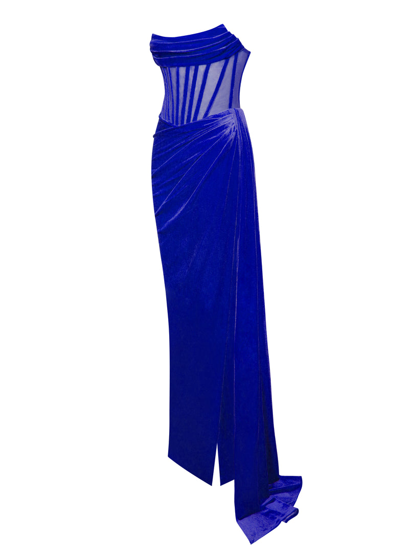Honey Couture SASHA Royal Blue Satin Corset Leg Split Formal Dress