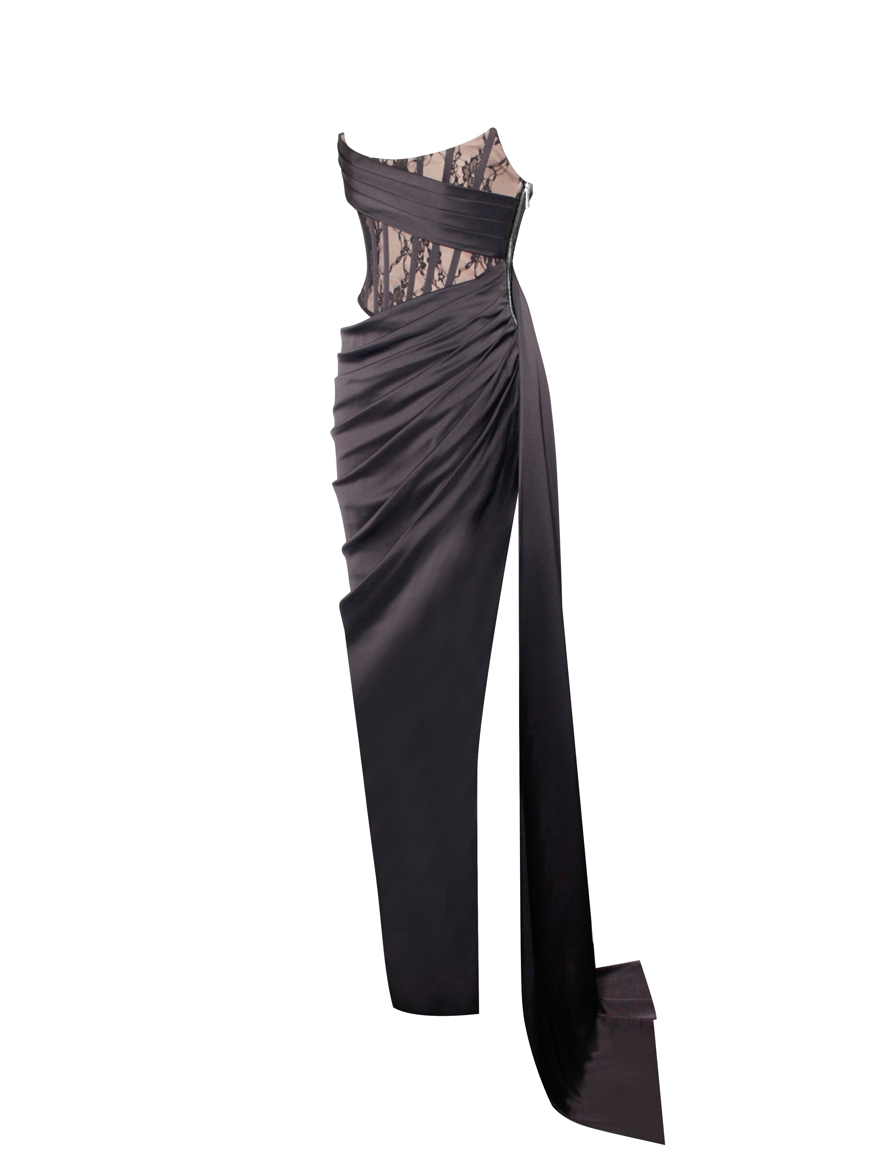 Callie Black Lace Satin Corset High Slit Gown