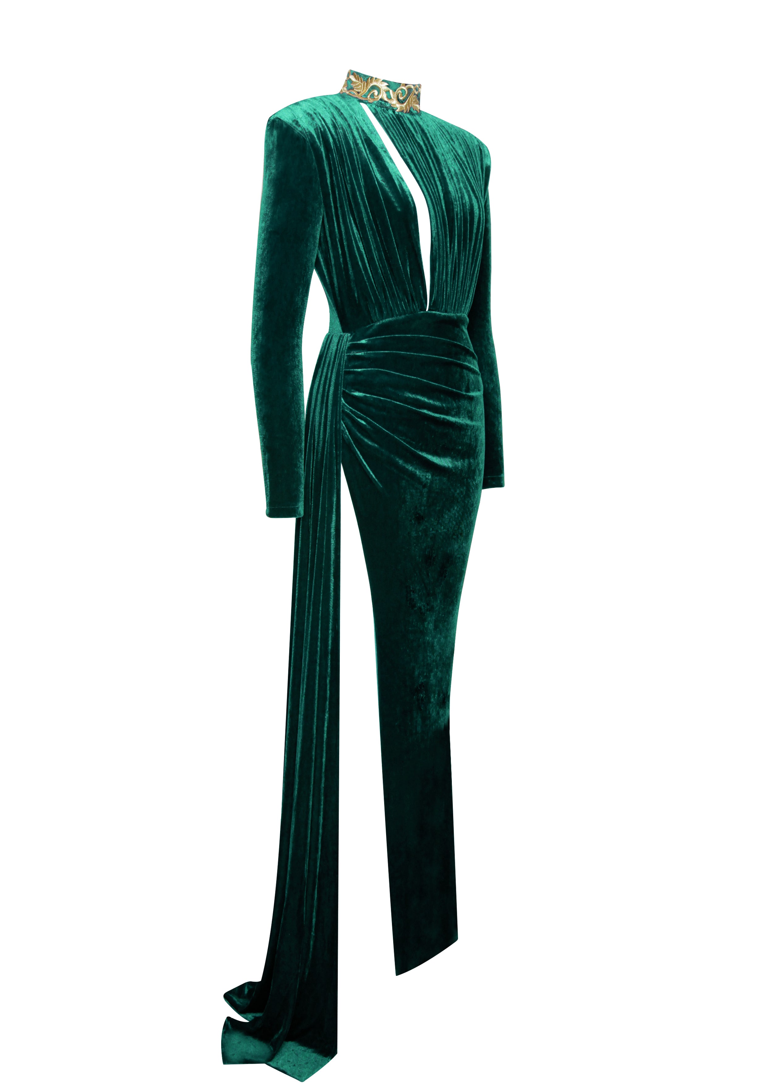 Zenaida Emerald Green Cutout High Slit Velvet Gown