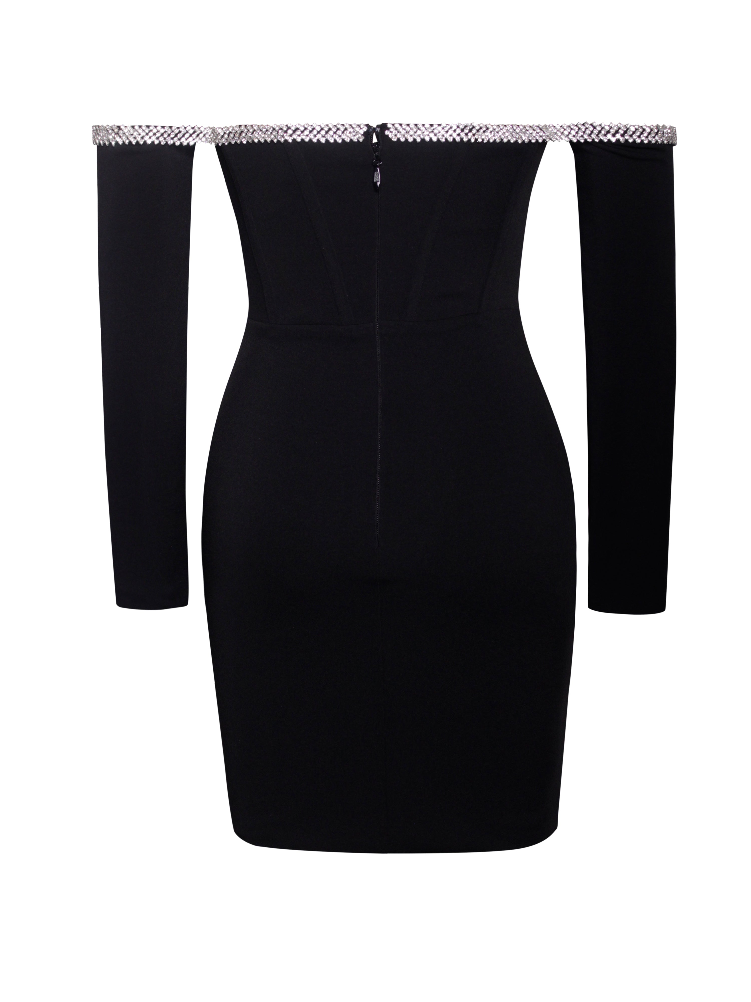 Annika Black Off Shoulder Long Sleeve Corset Dress With Crystal Trim ( Annika Black Off Shoulder Long Sleeve Corset Dress With Crystal Trim (