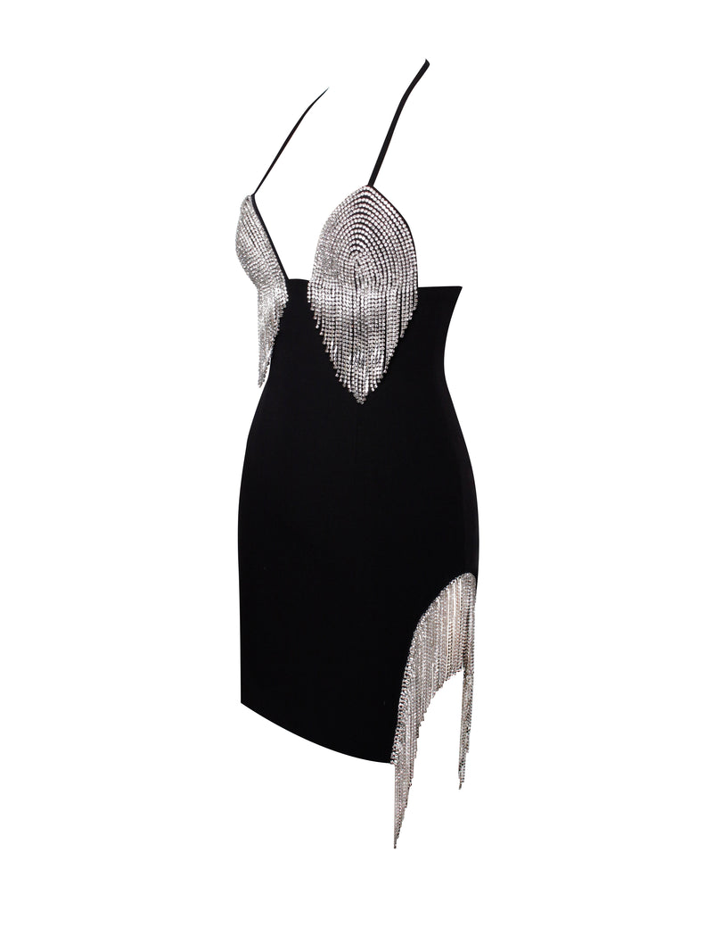 Quenna Black Halter Neck Dress With Crystal Fringe