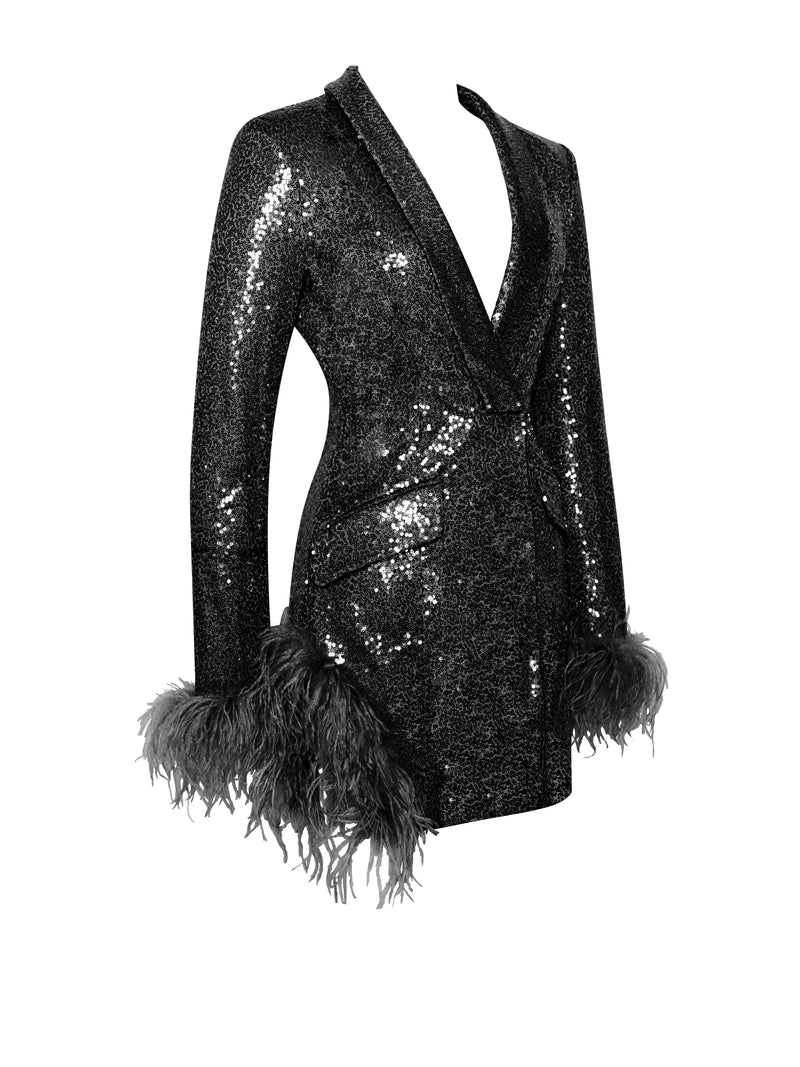 Quesia Black Sequin Feather Trim Blazer Dress