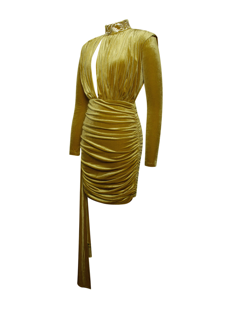 Gracyn Gold Cutout Long Sleeve Draping Velvet Dress