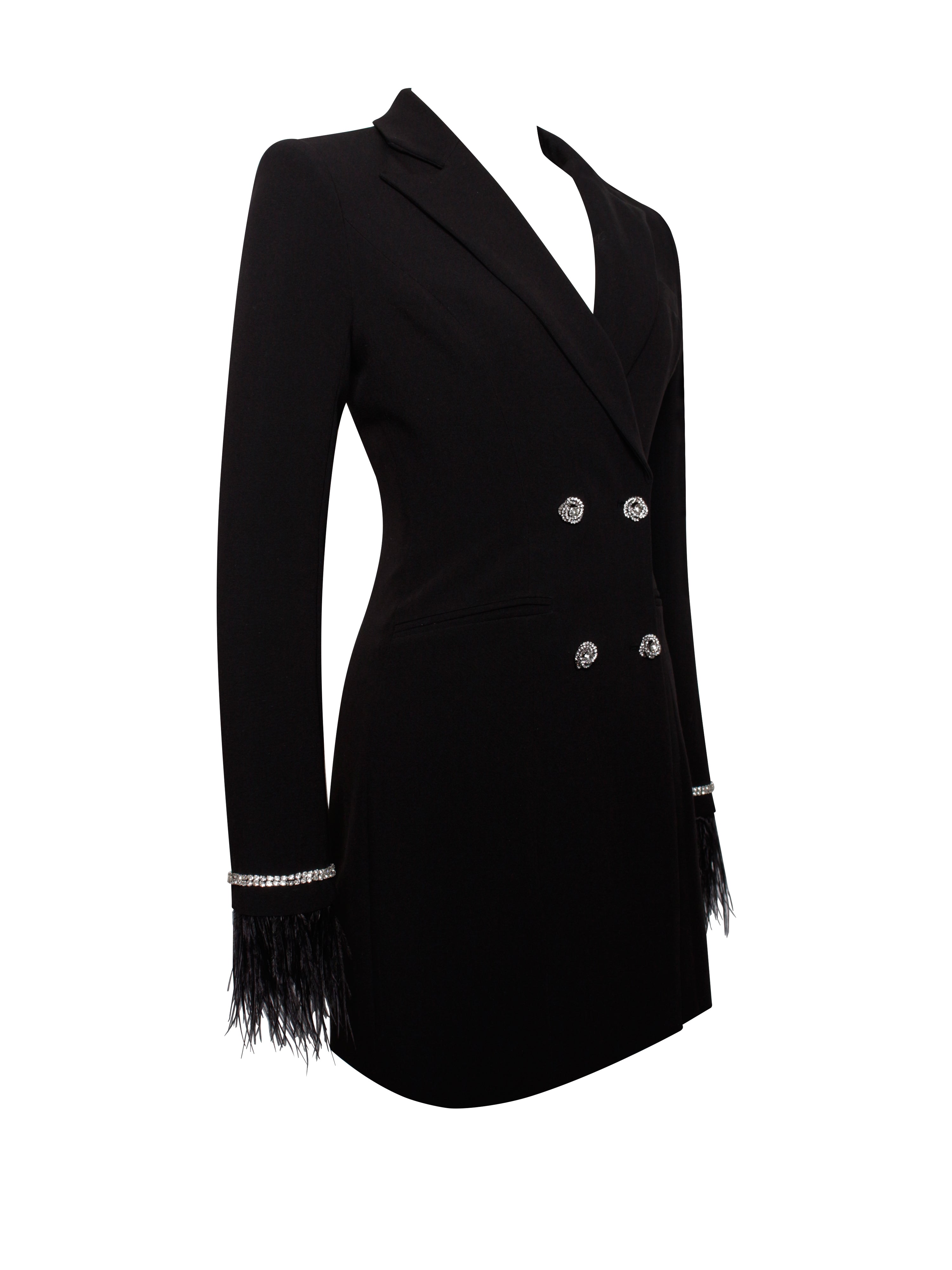 Quilla Black Feather Crystal Sleeve Backless Blazer Dress