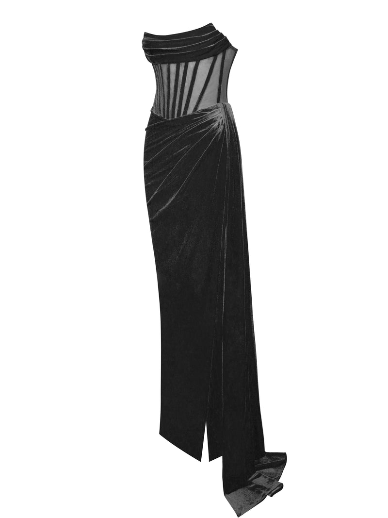 Priya Black Draping Corset High Slit Velvet Gown – Miss Circle