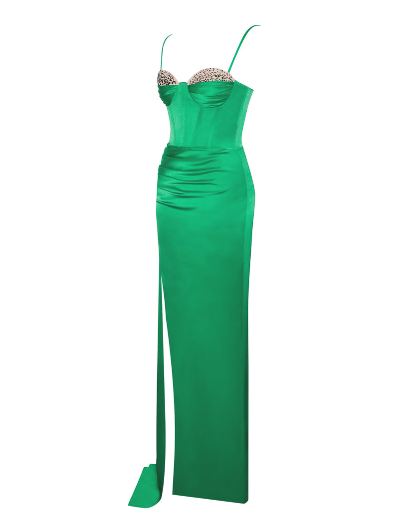 Vanity Green Satin High Slit Draping Corset Gown With Crystals