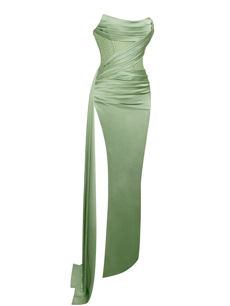 Holly Basil Crystallized Corset High Slit Satin Gown – Miss Circle