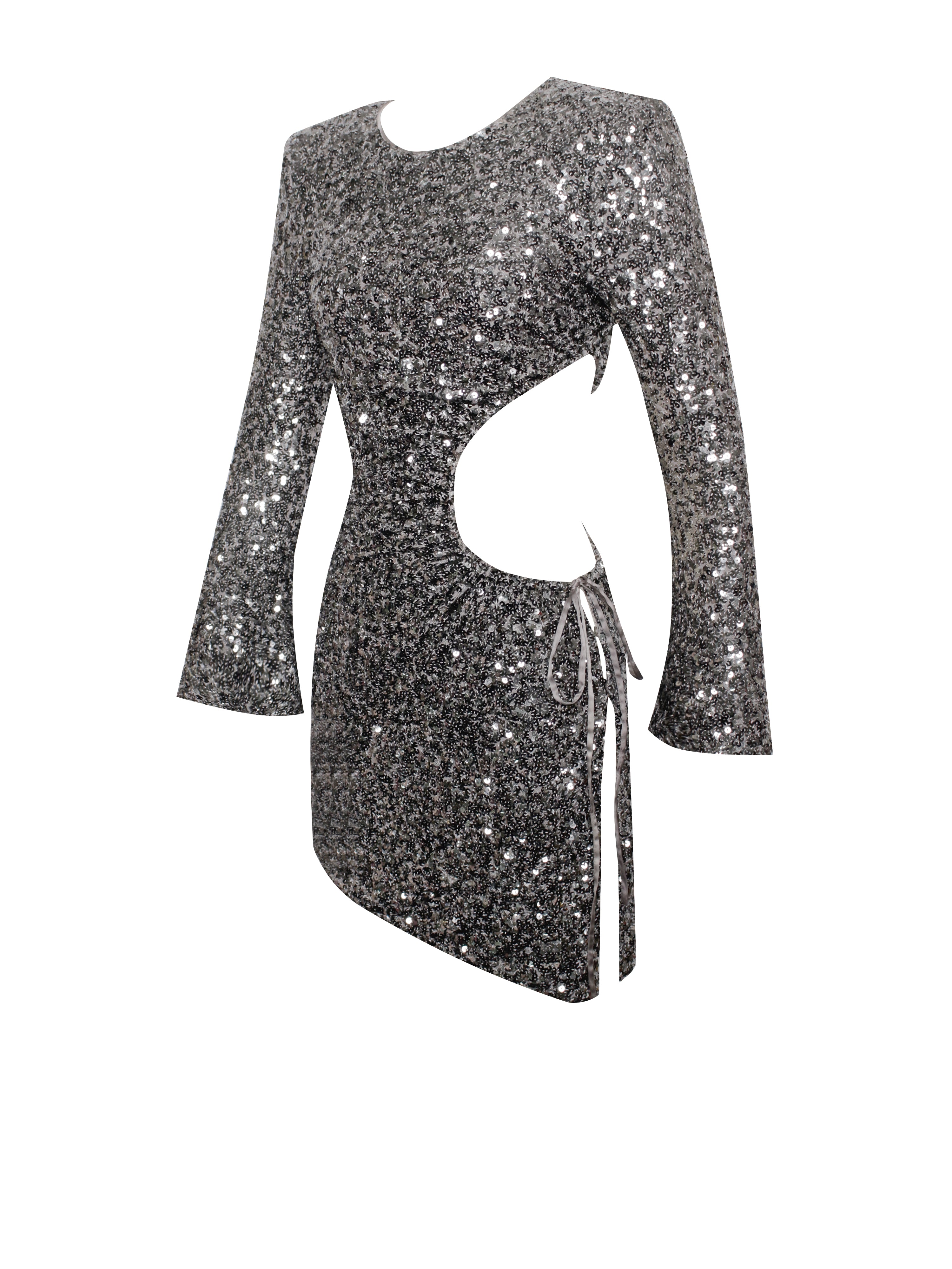 Myla Grey Sequin Long Sleeve Cutout Slit Dress