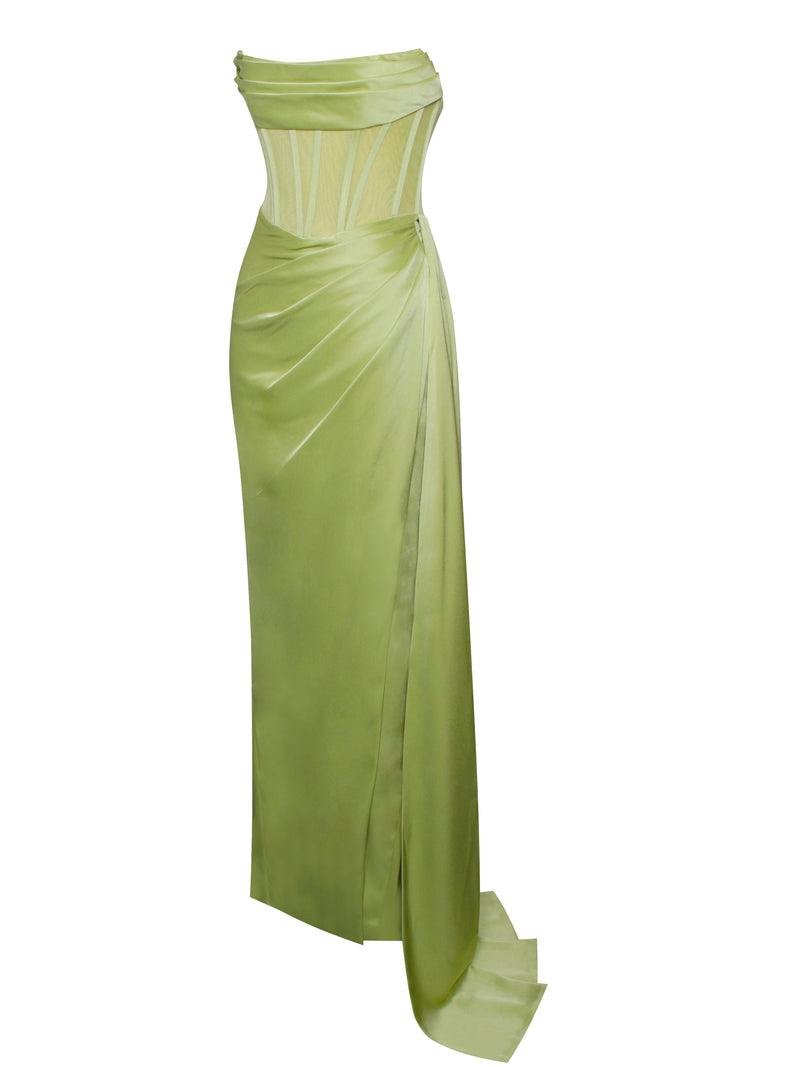 Prisa Lime High Slit Satin Corset Gown