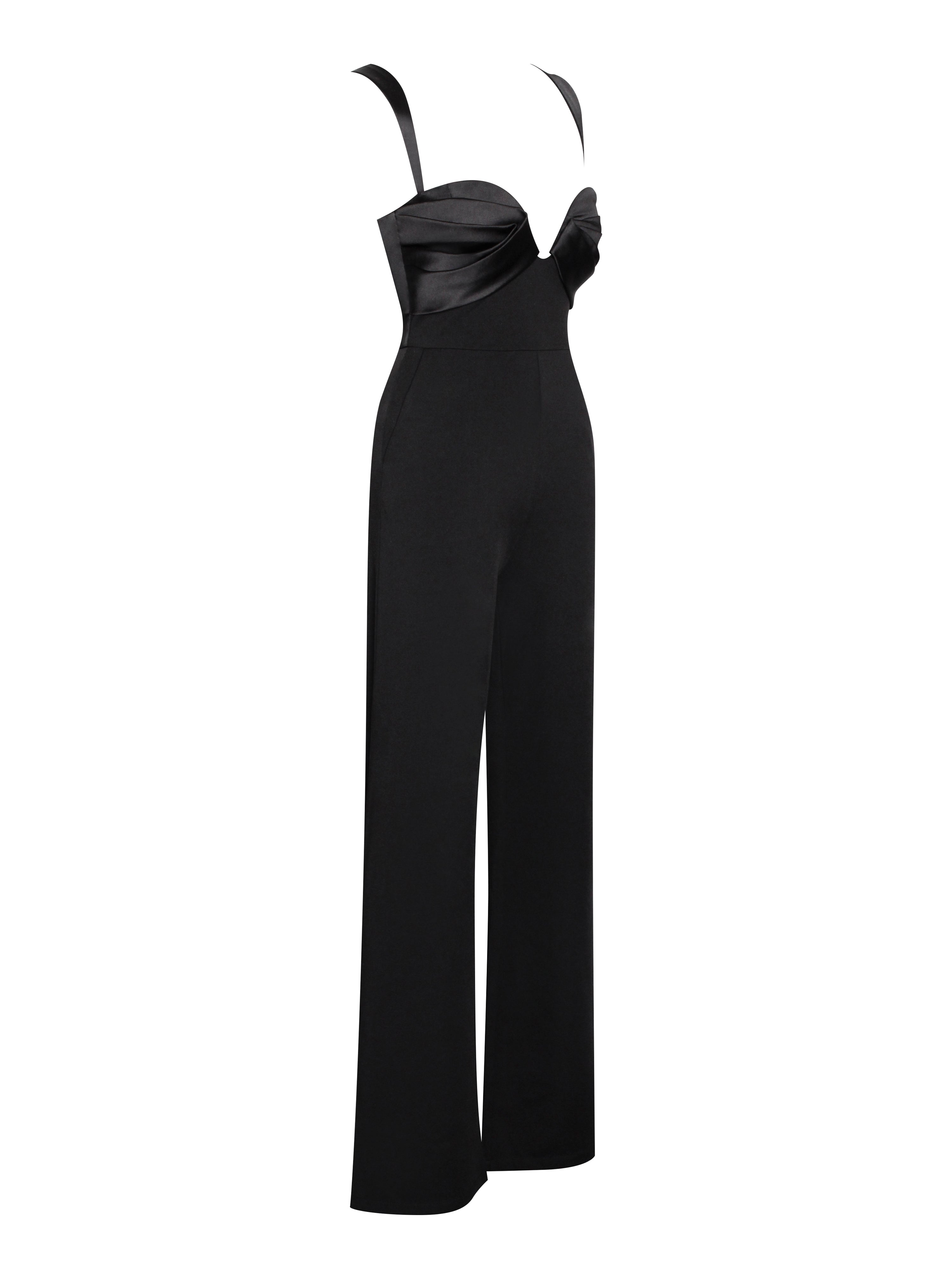 Onika Black Satin and Crepe Jumpsuit