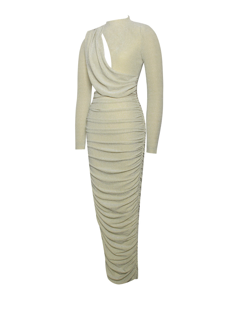 Payson Pale Yellow Long Sleeve Metallic Jersey Cutout Dress