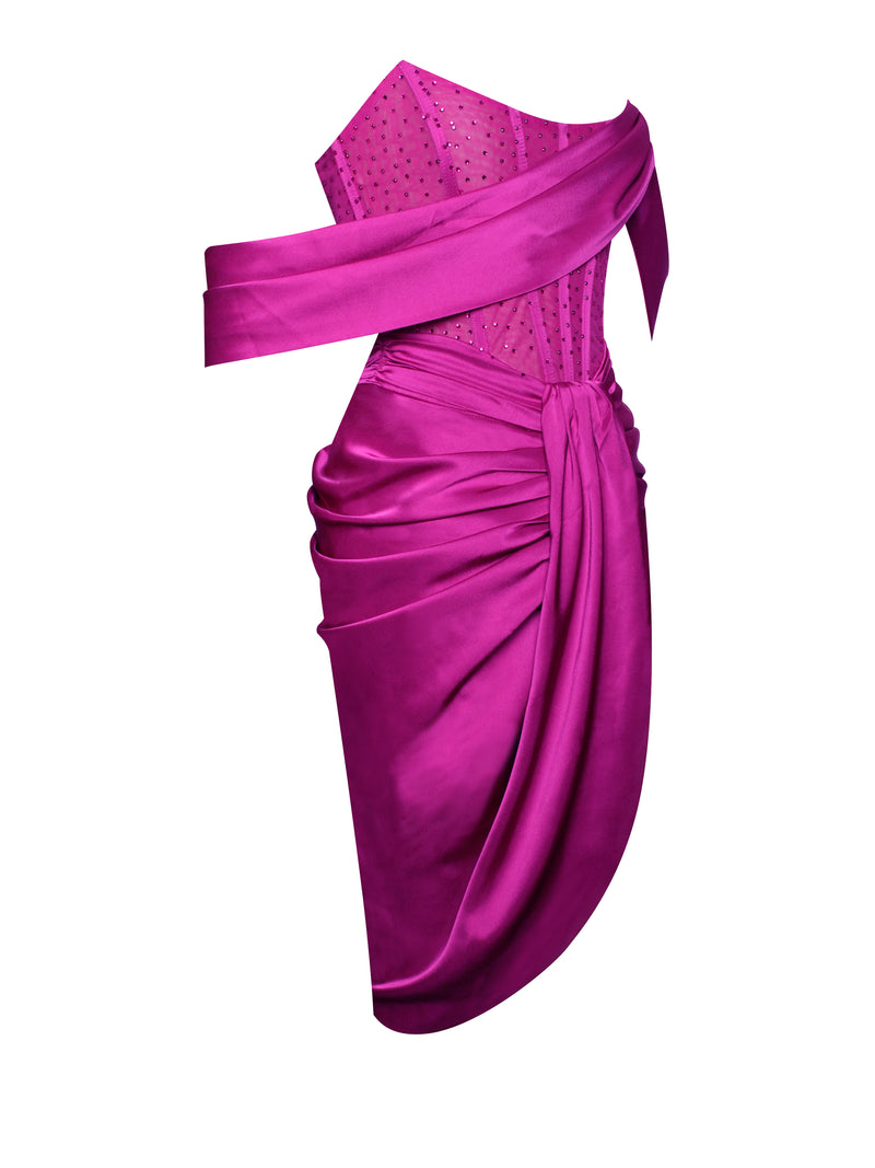 Darlene Fuchsia Off Shoulder Corset Satin Dress With Crystals