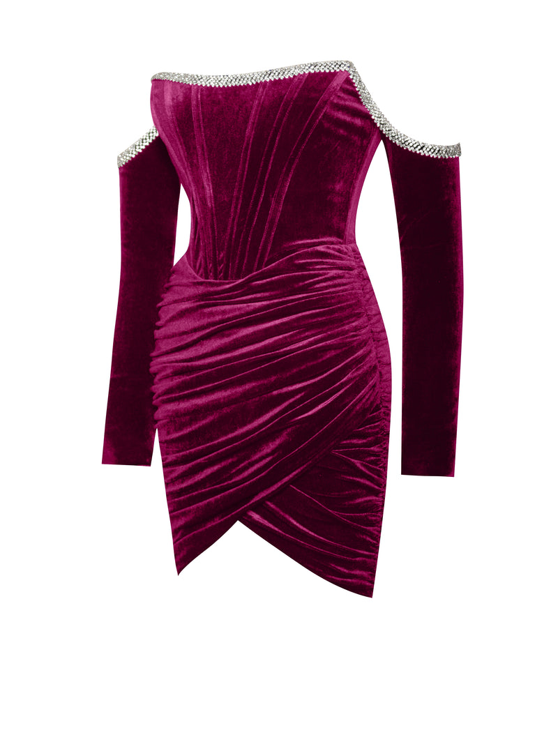 Odette Burgundy Velvet Off Shoulder Corset Dress With Crystal Trim