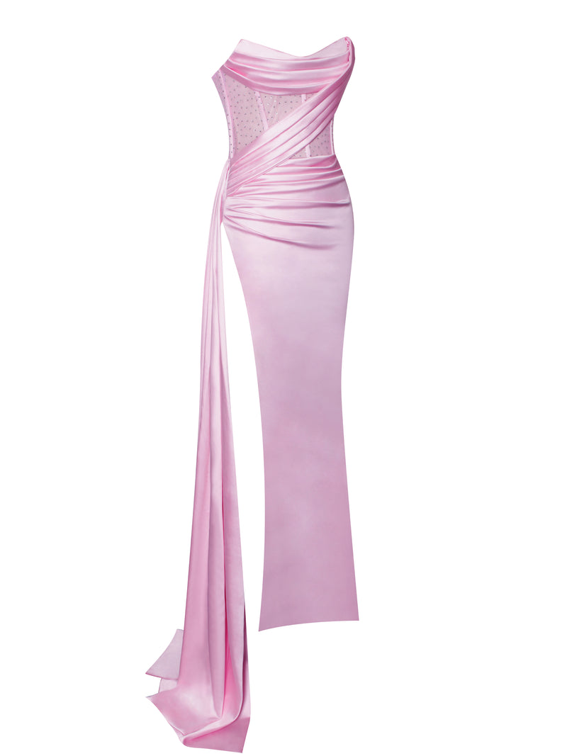 Holly Lemon Crystallized Corset High Slit Satin Gown - ShopperBoard