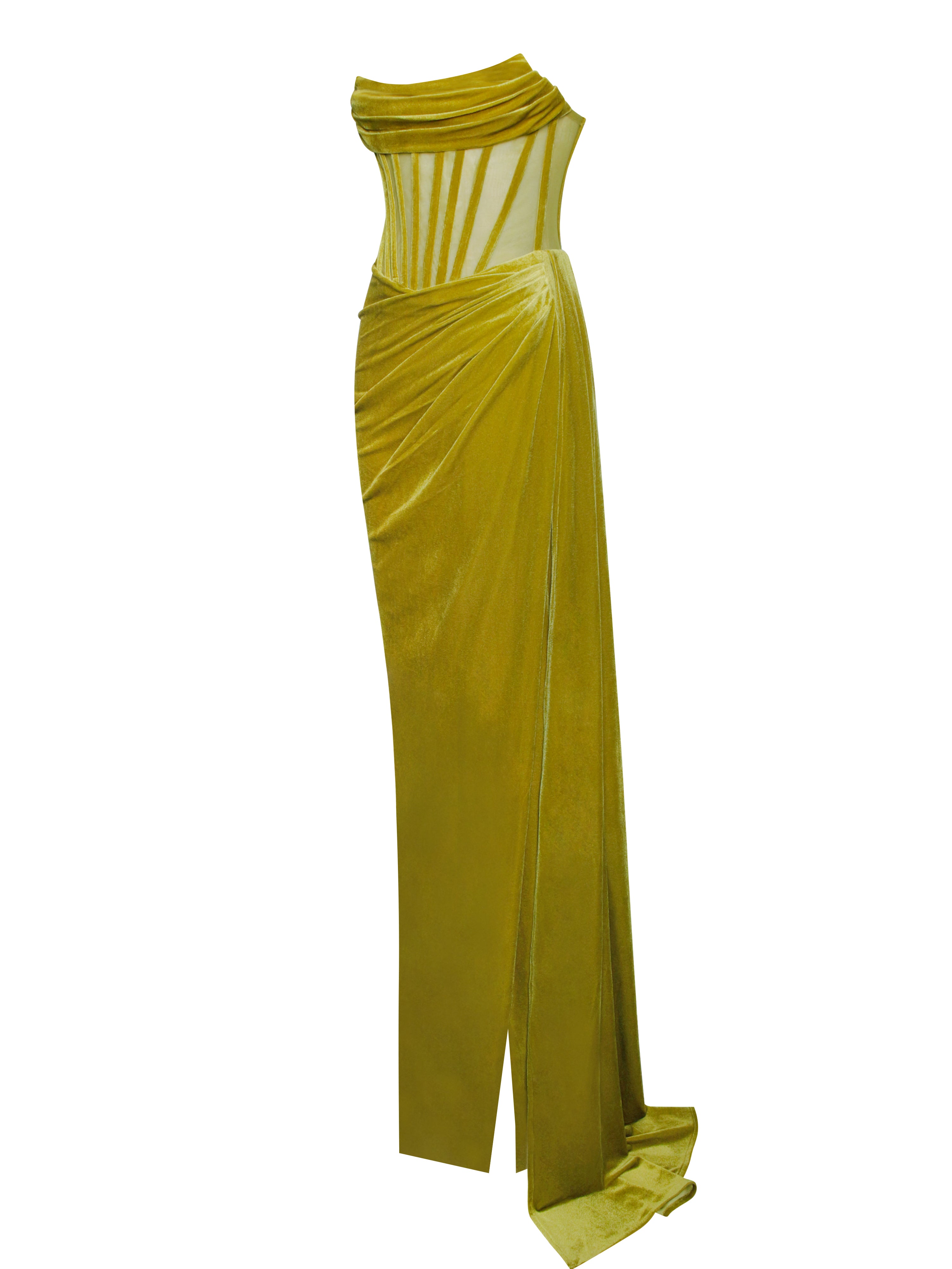 Priya Gold Draping Corset High Slit Velvet Gown Priya Gold Draping Corset High Slit Velvet Gown
