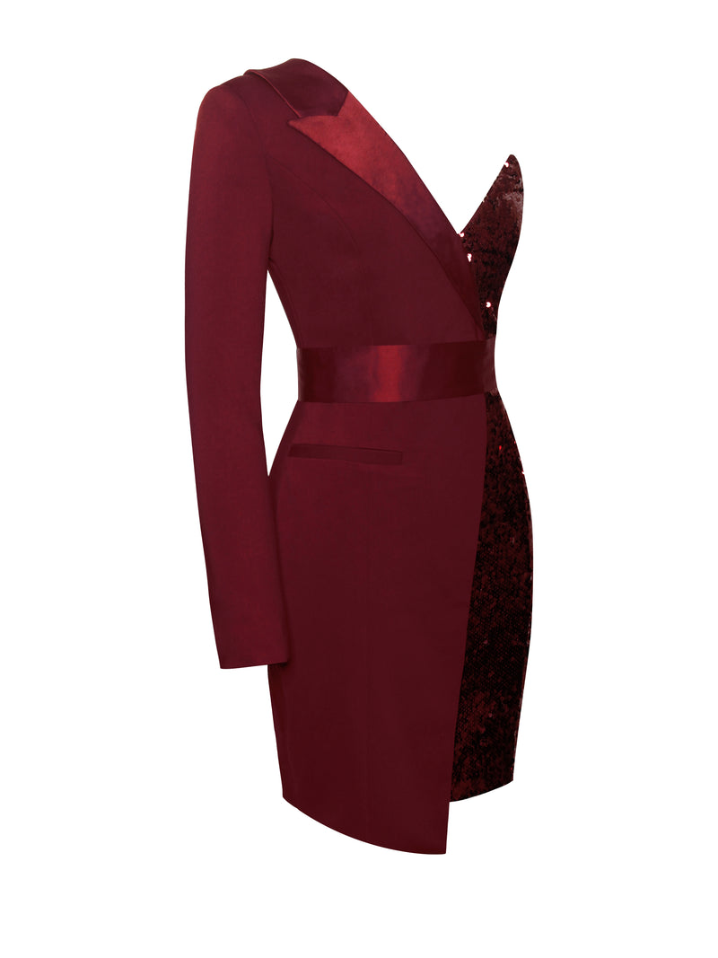 Burgundy Sequin Long Sleeve Blazer Dress