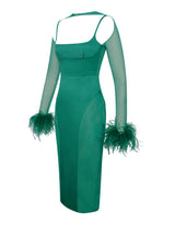 Oaklie Emerald Green Satin Mesh Sleeve Dress With Feathers – Miss Circle