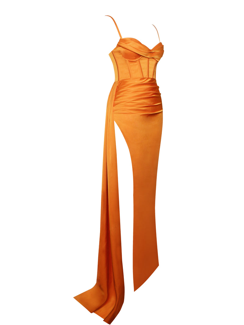 Elayna Orange Strappy Satin Corset High Slit Gown