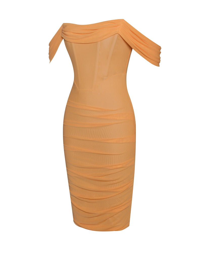 Weslee Orange Off Shoulder Mesh Corset Dress