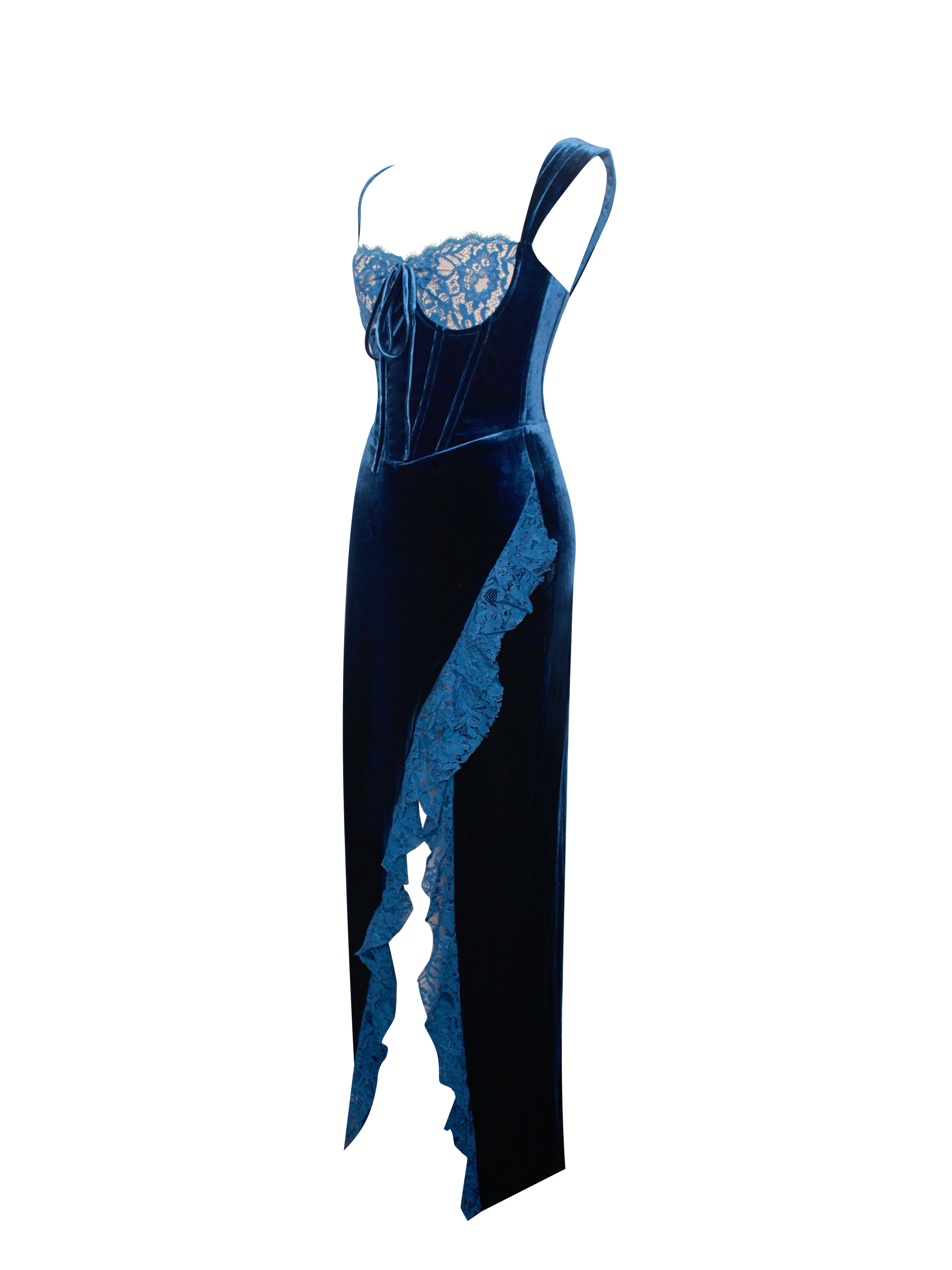 Odilia Teal Lace Velvet Maxi Dress