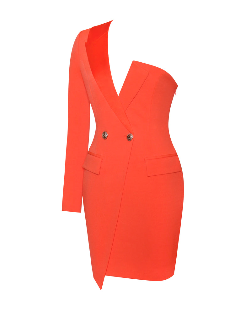 Keep One Up One Sleeved Orange Crepe Tuxedo Blazer Dress - Miss Circle